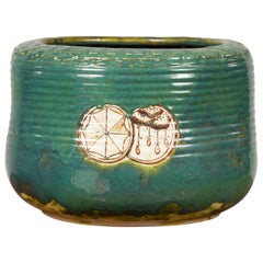 Japanese Meiji Period 19th Century Round Planter with Green Oribe Glaze