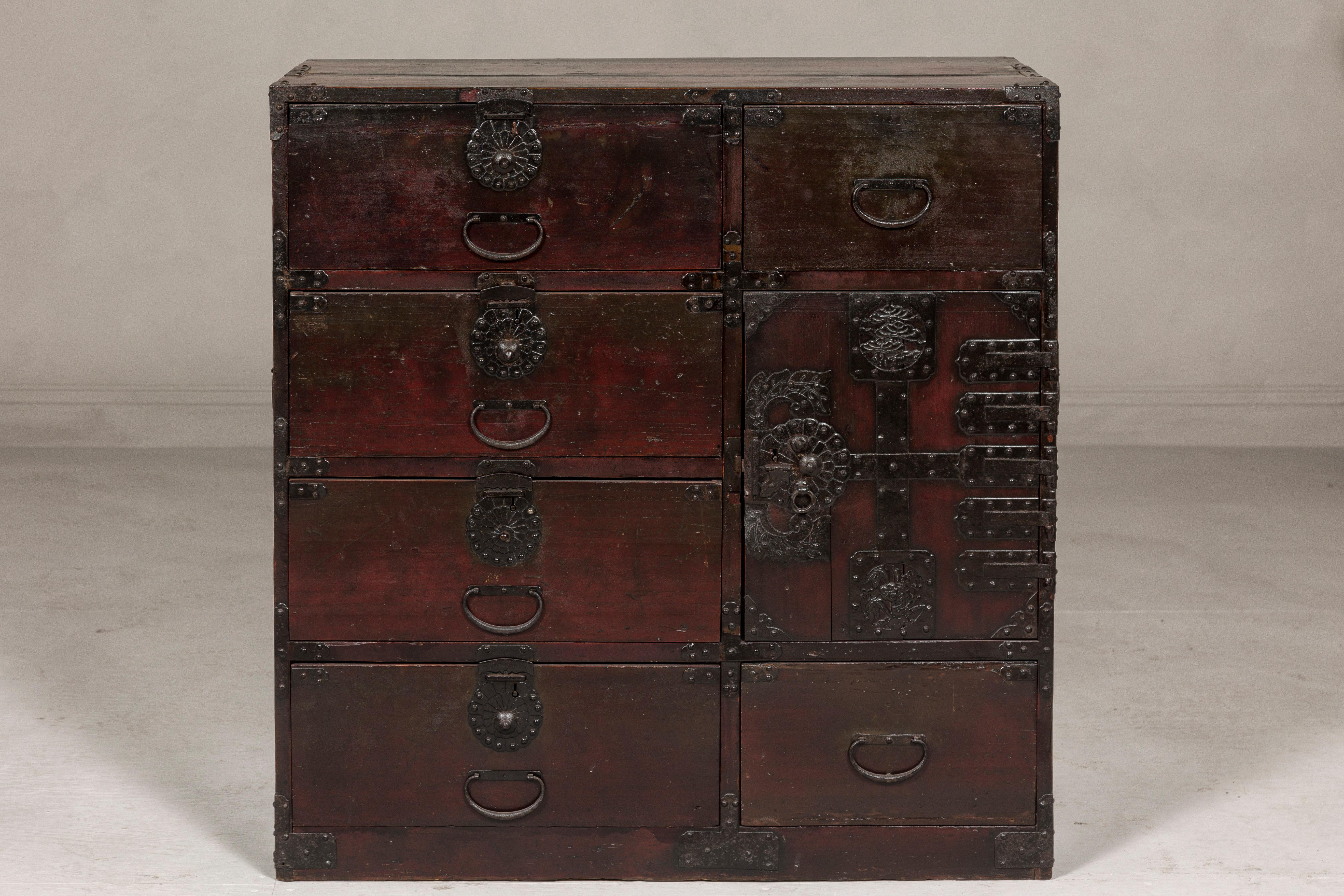 Lacquered Japanese Meiji Period 19th Century Sendai Type Tansu Chest with Drawers and Safe For Sale