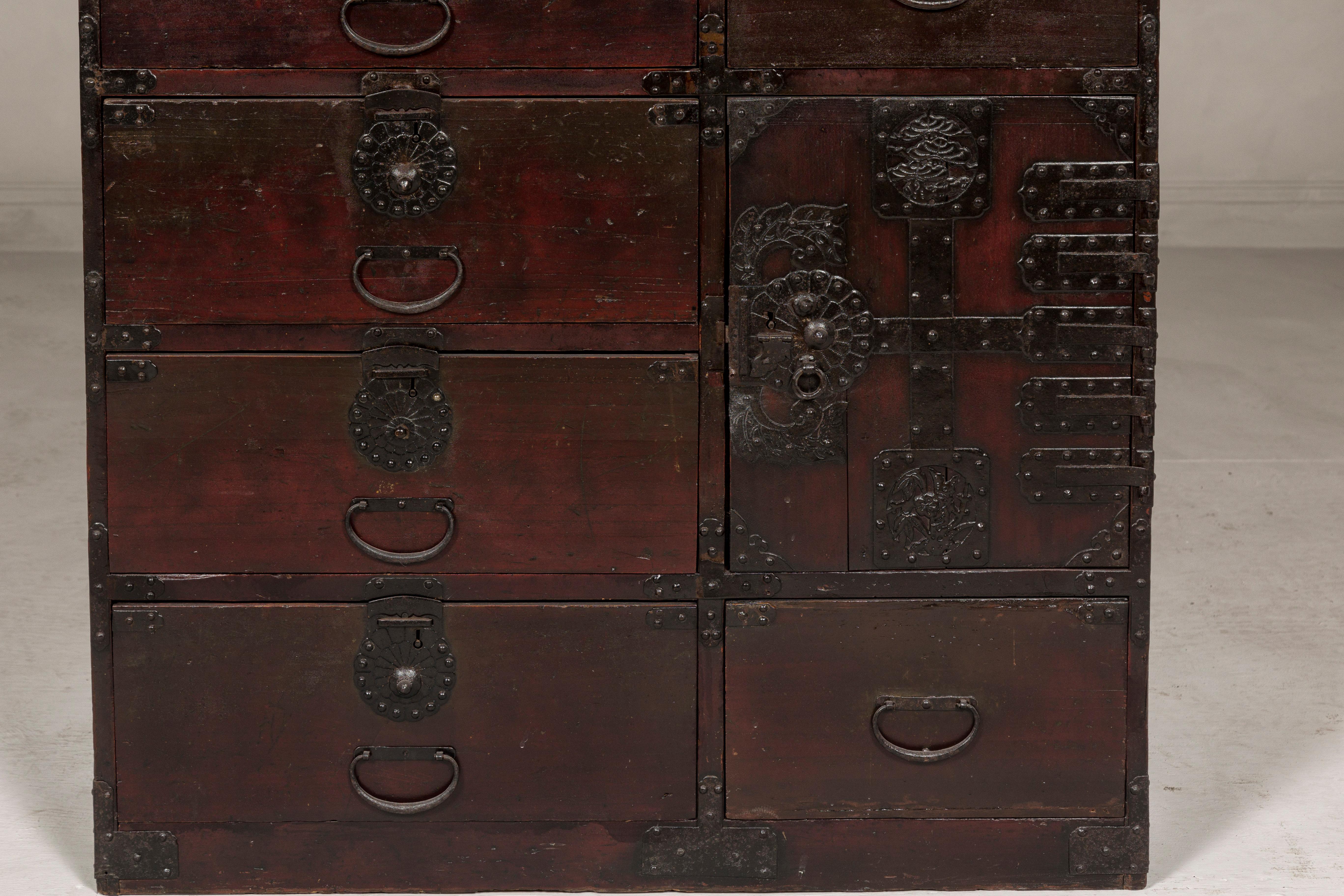 Japanese Meiji Period 19th Century Sendai Type Tansu Chest with Drawers and Safe For Sale 1