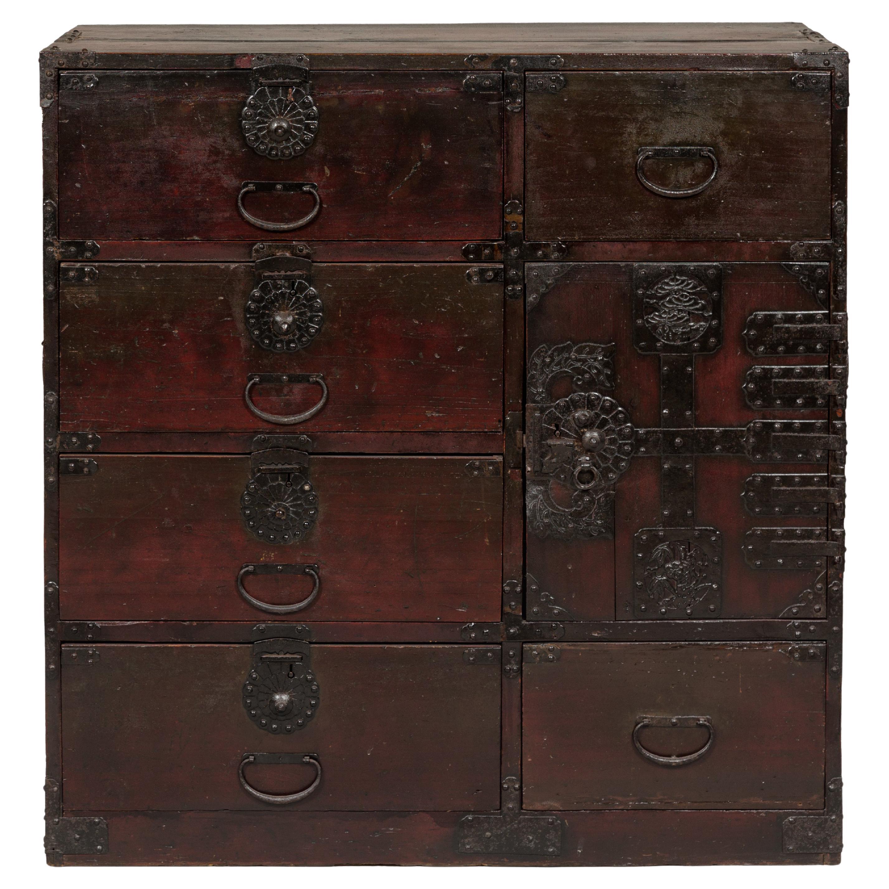 Japanese Meiji Period 19th Century Sendai Type Tansu Chest with Drawers and Safe For Sale