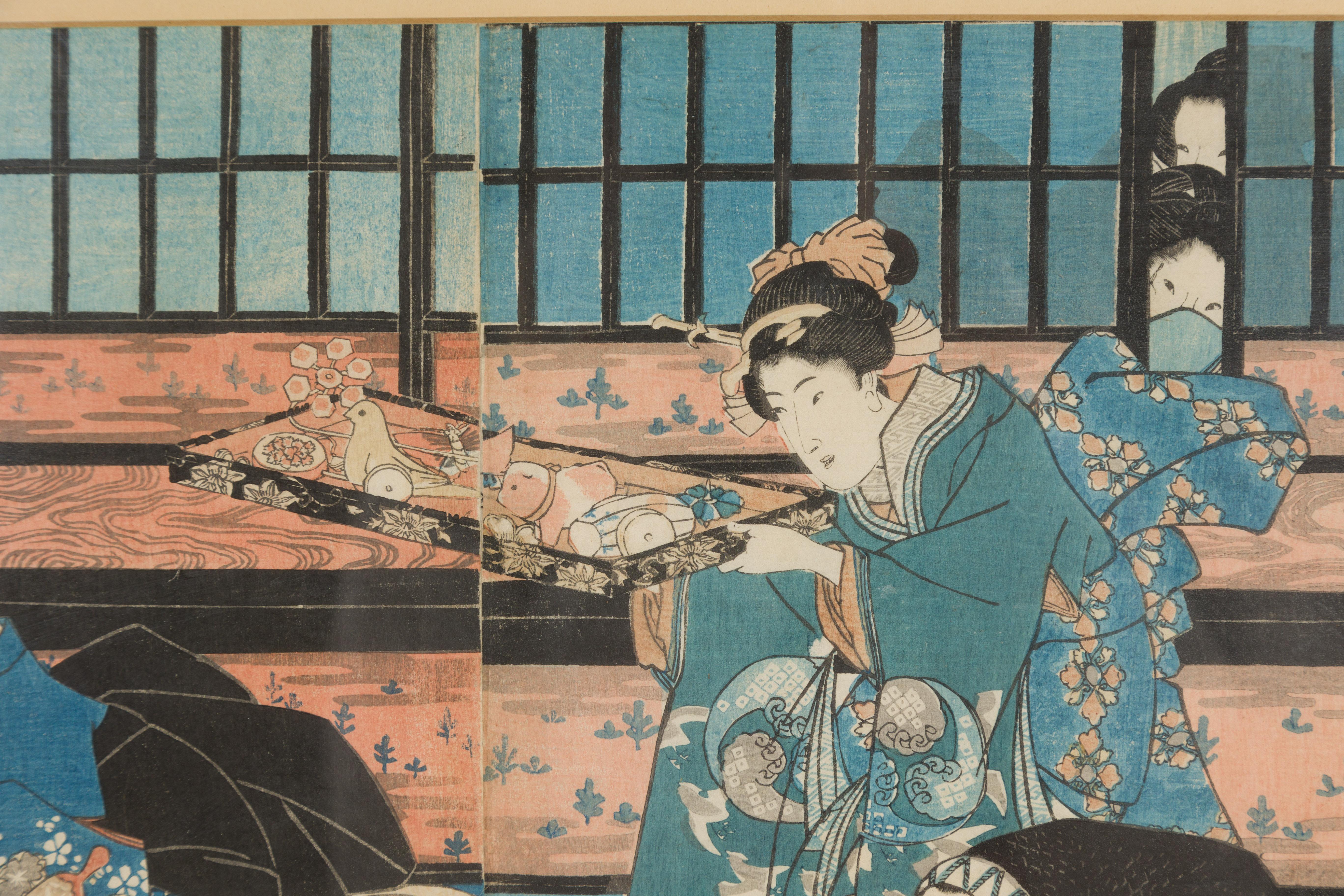 Japanischer Edo-Holzschnitt des 19. Jahrhunderts, signiert Utagawa Kuniyoshi Diptychon im Angebot 7