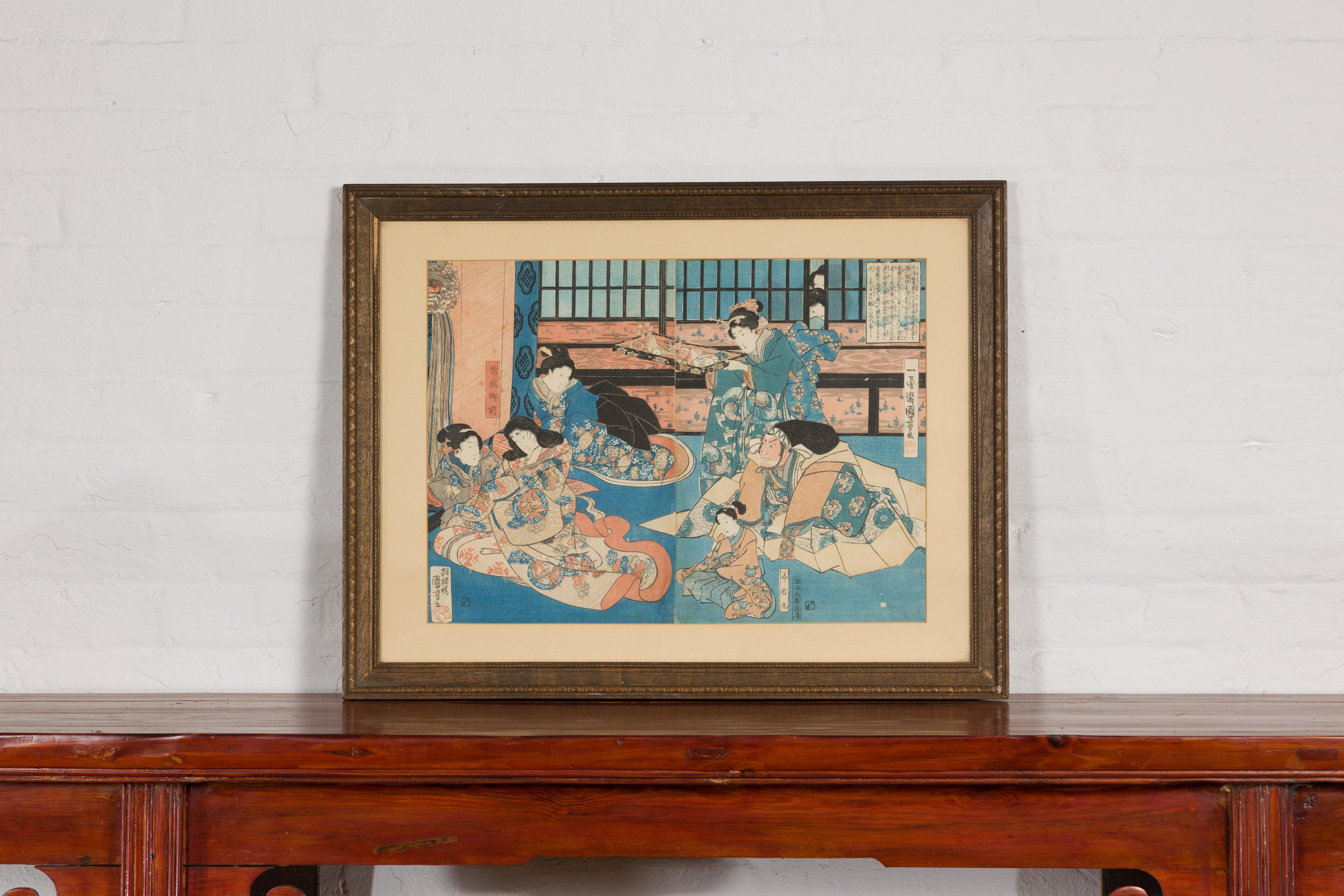 An antique Japanese Edo period diptych woodblock print from the early to mid 19th century, signed by Utagawa Kuniyoshi. Immerse yourself in the Japanese Edo period artistry with this antique 19th-century diptych woodblock print. Signed by the