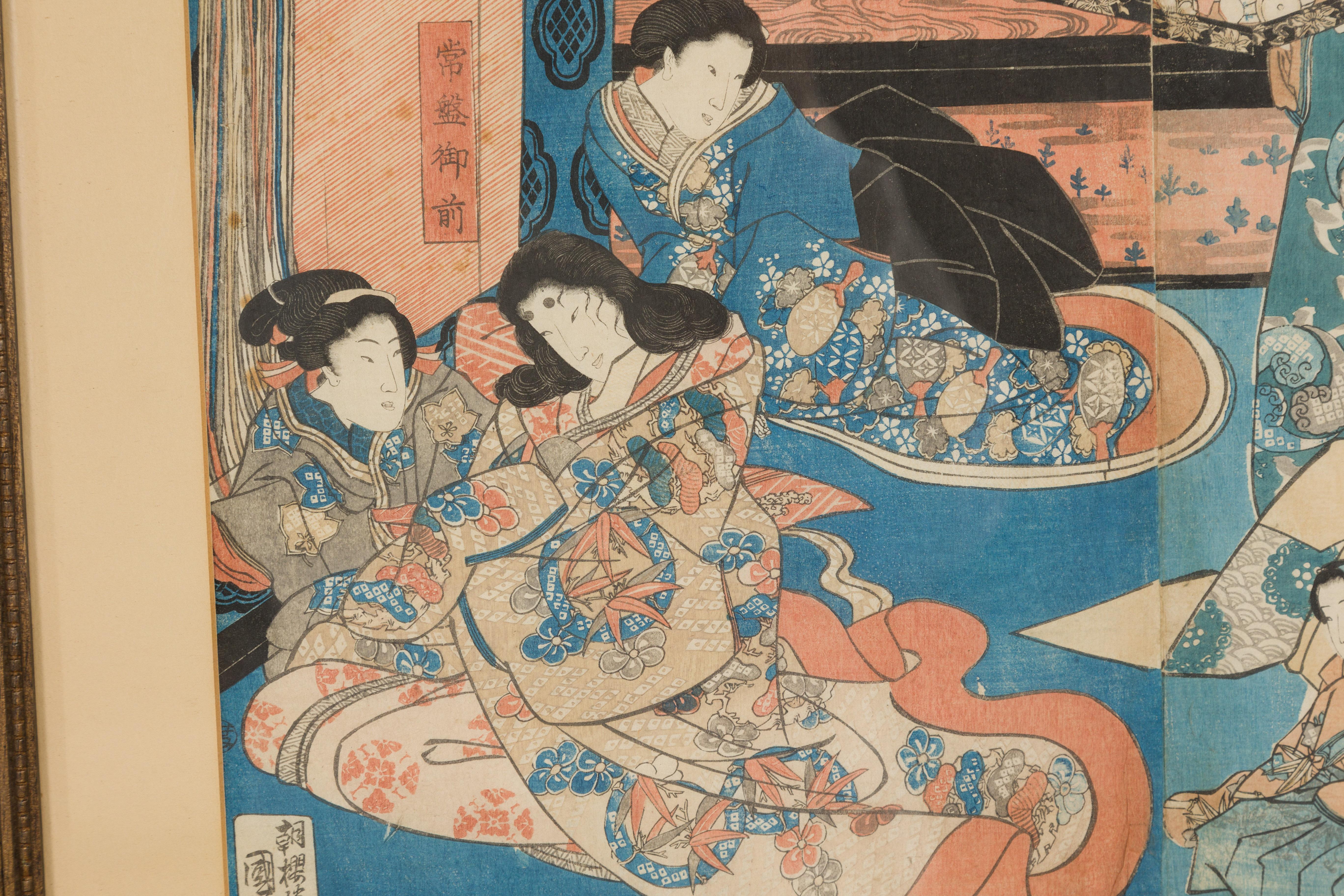 Japanischer Edo-Holzschnitt des 19. Jahrhunderts, signiert Utagawa Kuniyoshi Diptychon im Angebot 5