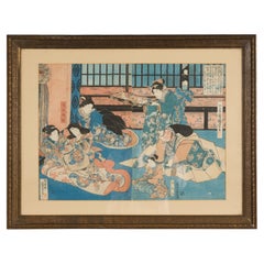 Japanese Meiji Period 19th Century Signed Diptych Woodblock Print, Custom Framed