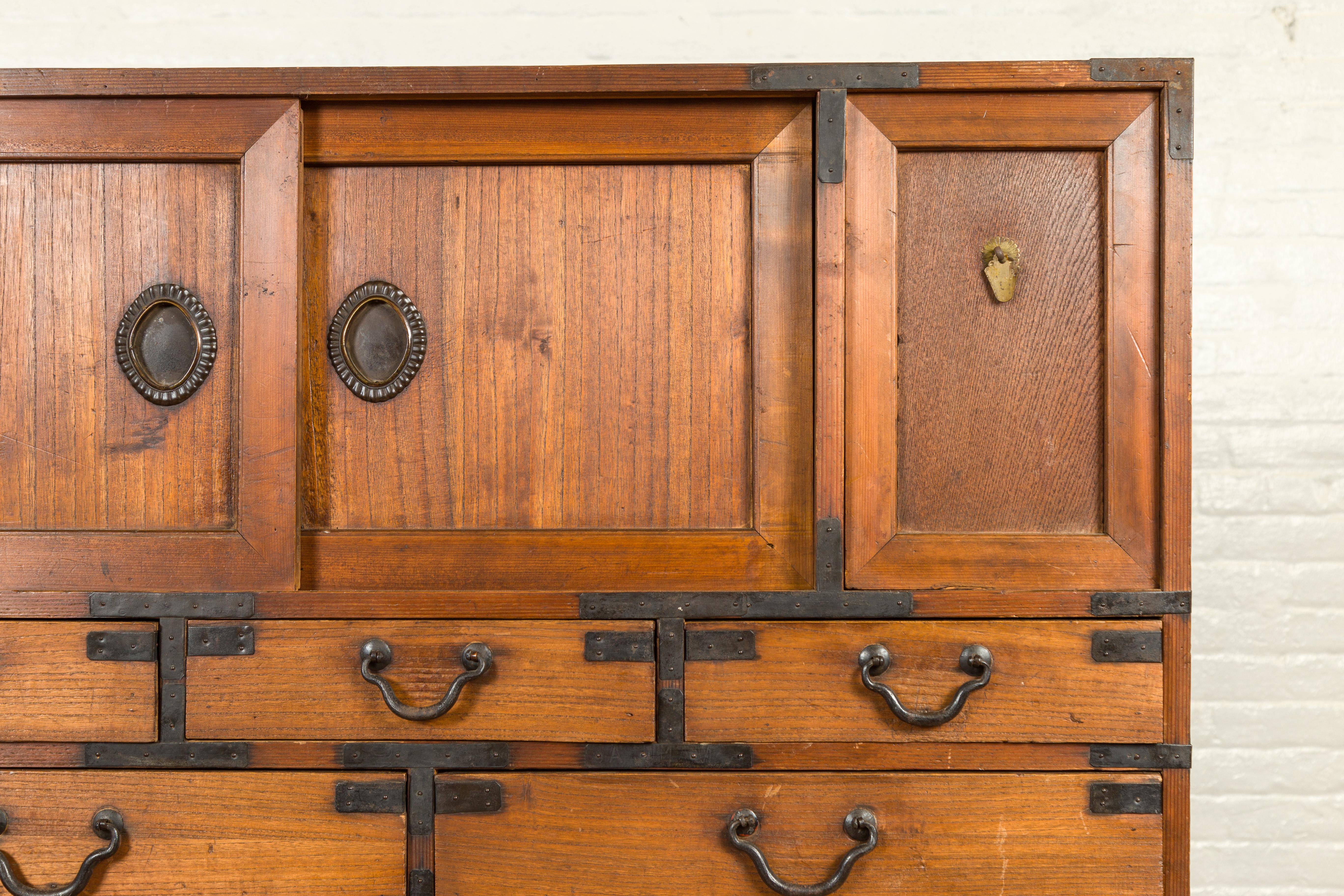 Japanese Meiji Period 19th Century Tansu Chest with Sliding Panels and Drawers In Good Condition In Yonkers, NY