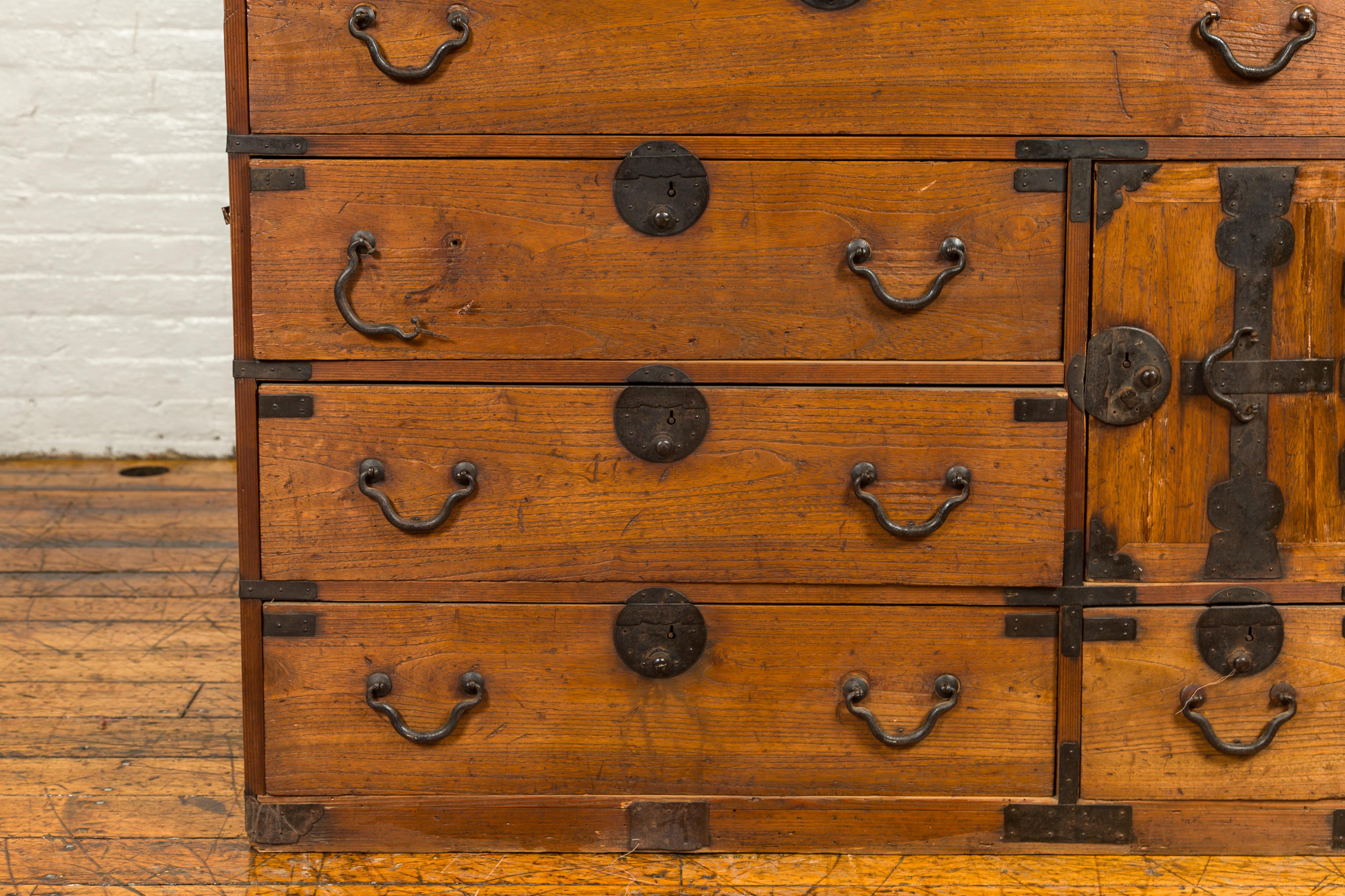 Iron Japanese Meiji Period 19th Century Tansu Chest with Sliding Panels and Drawers