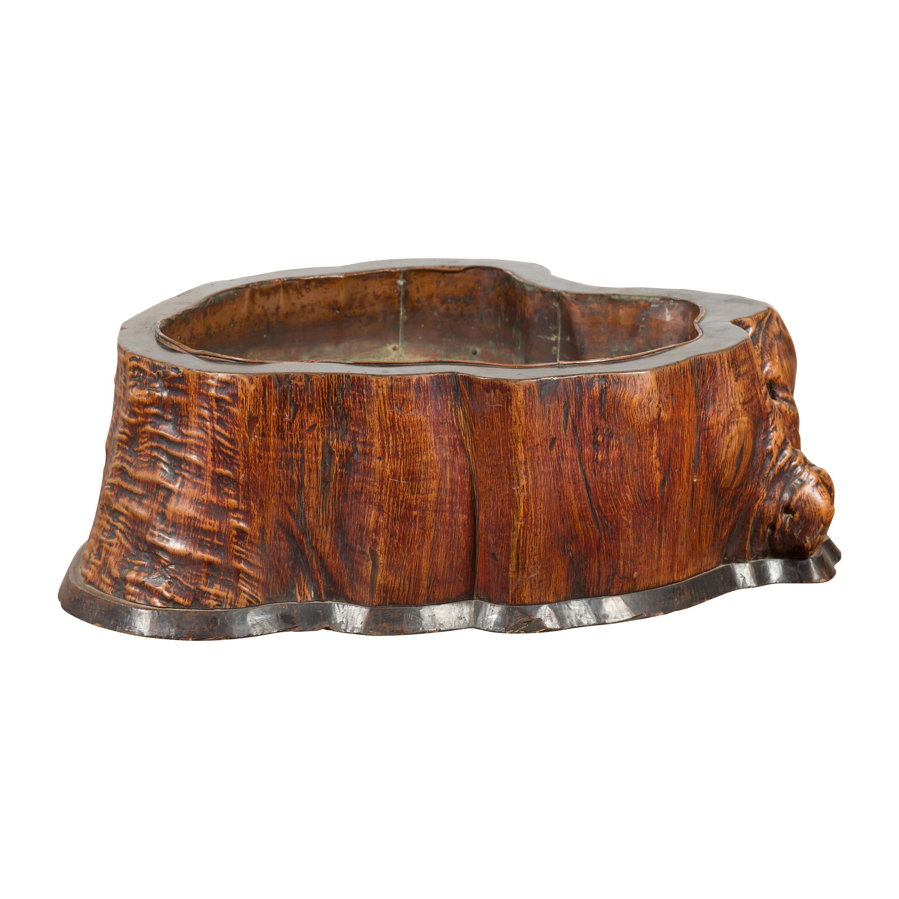 Japanese Meiji Period 19th Century Tree Trunk Hibachi with Copper Lining