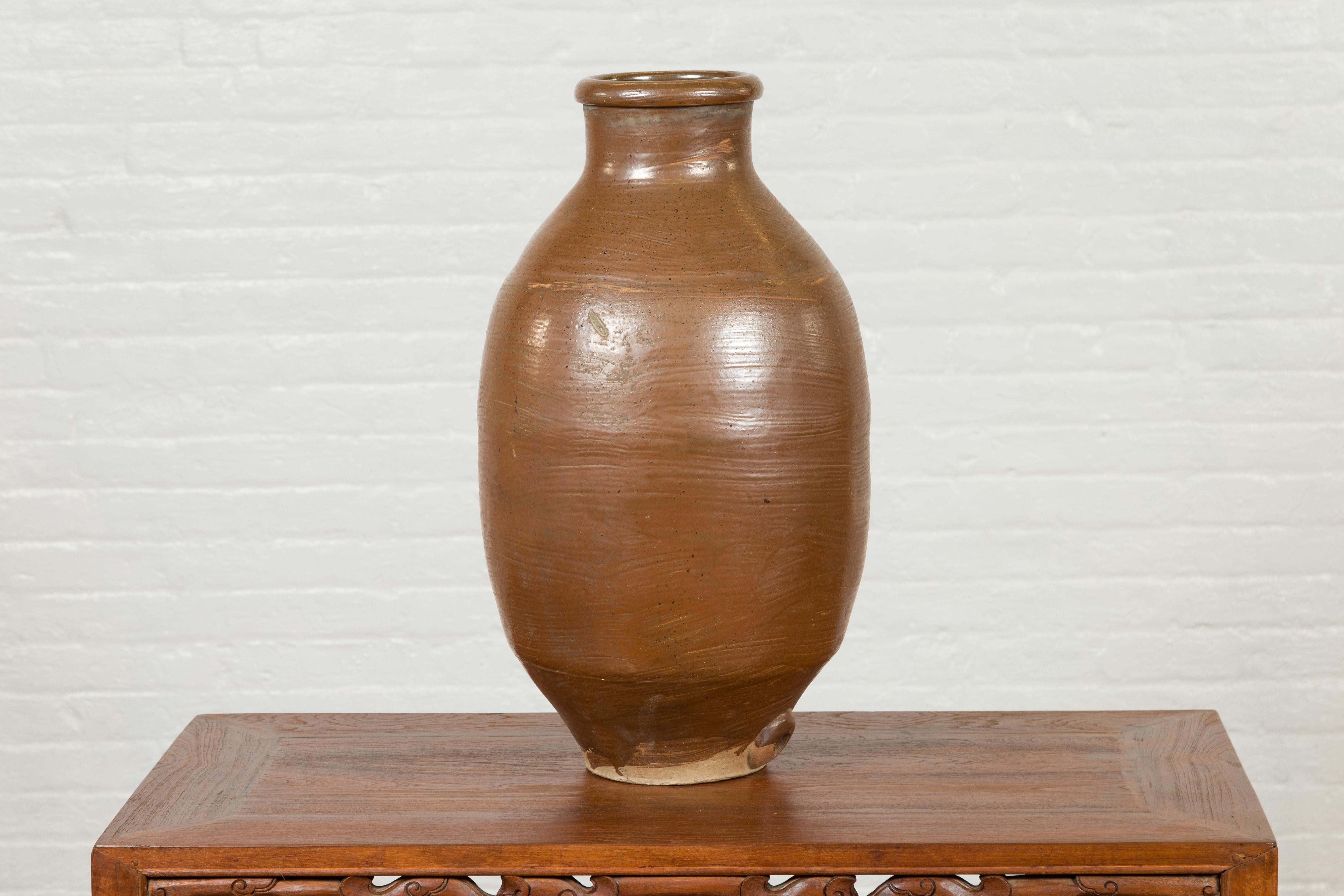 Japanese Meiji Period 19th century Water Jar with Brown Monochrome Patina For Sale 7