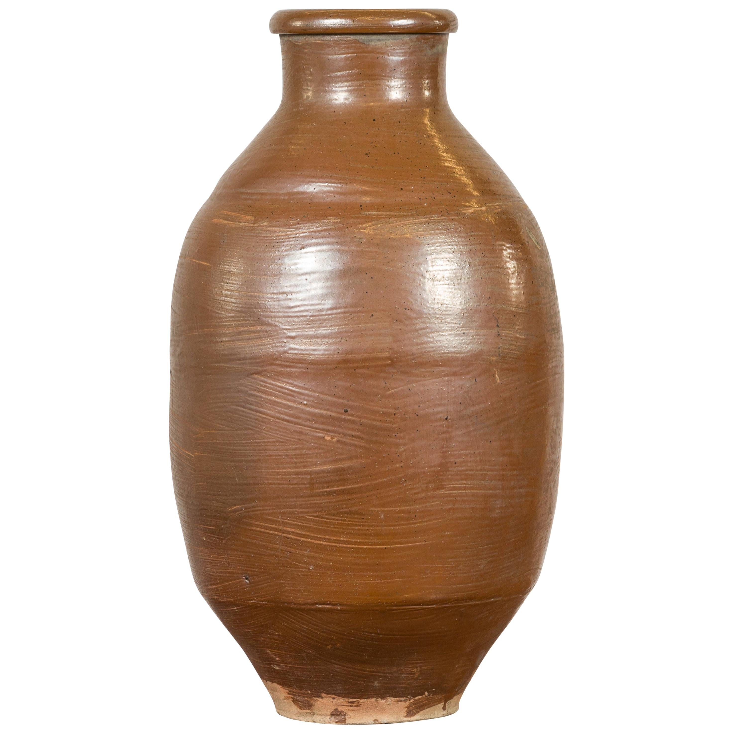 Japanese Meiji Period 19th century Water Jar with Brown Monochrome Patina For Sale
