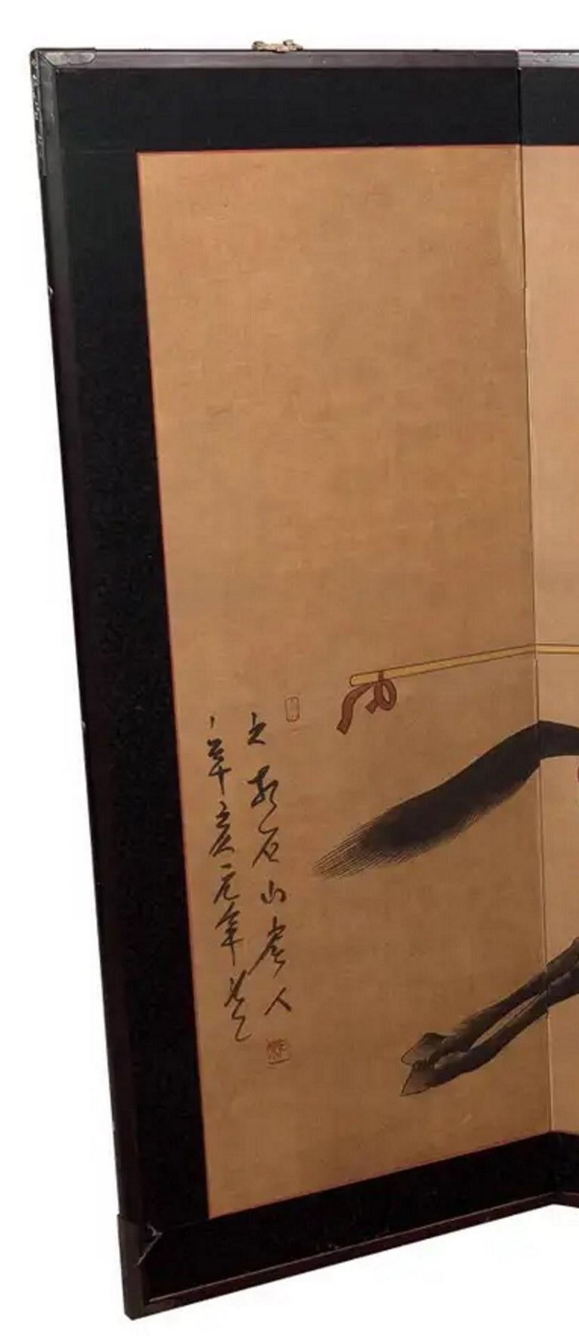 Japanese Meiji Period 4-Panel Screen with a Samurai on a Horse, Ca. 1880 In Good Condition For Sale In New York, NY