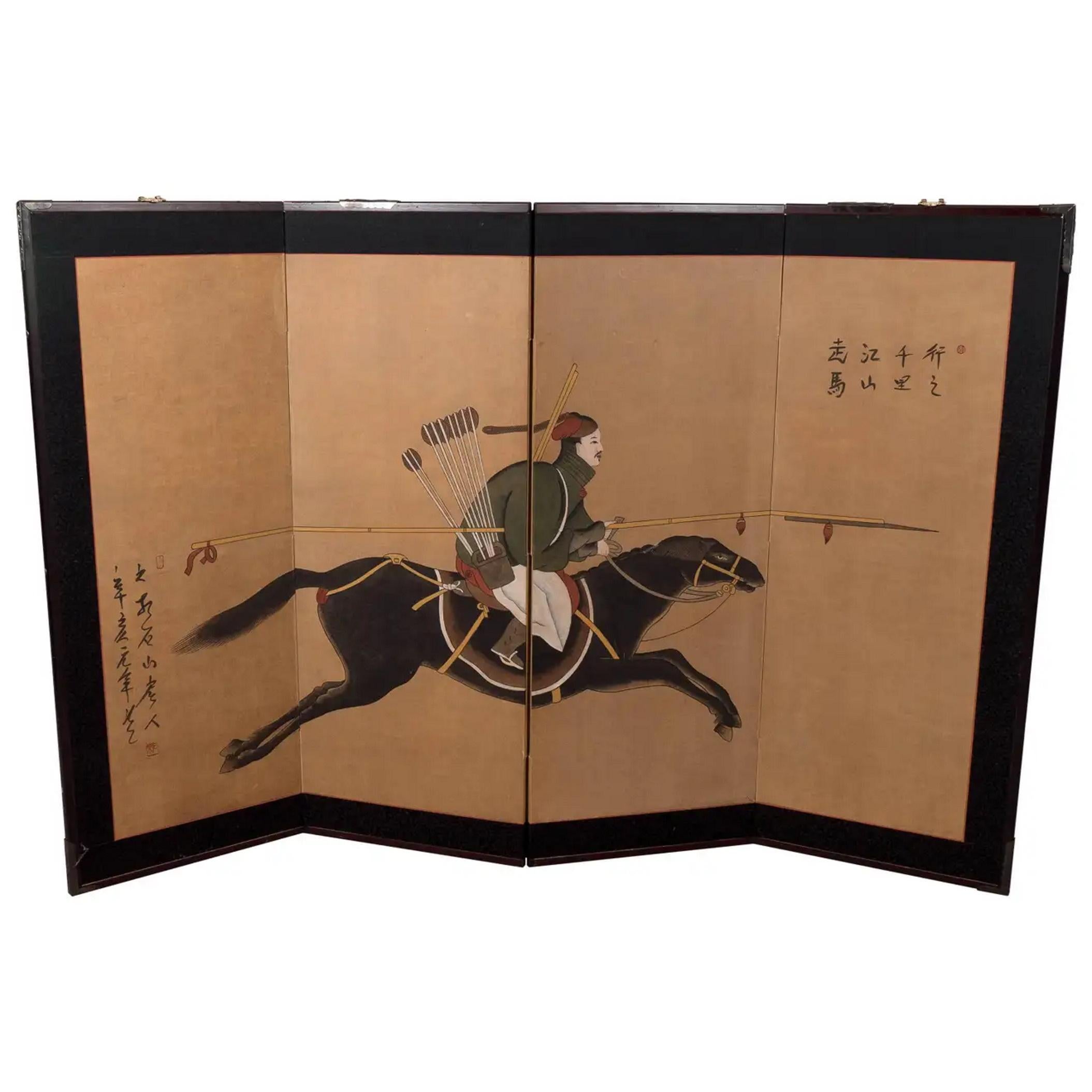 Biombo japonés de 4 paneles del periodo Meiji con un samurai a caballo, ca. 1880