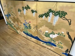 Japanese Meiji Period 6-Panel Screen w/ Blue Lacquered Flowers, Ca. 1900