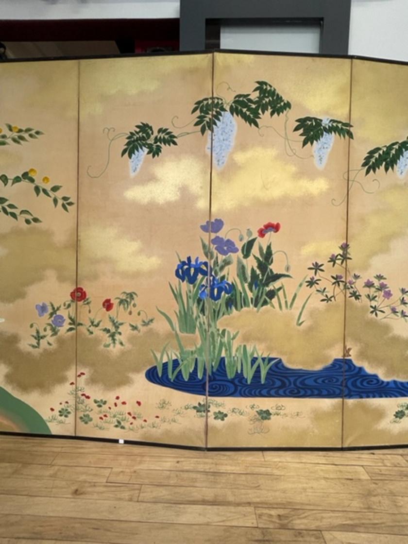 Japanese Meiji Period 6-Panel Screen w/ Blue Lacquered Flowers, Ca. 1900 In Good Condition For Sale In New York, NY