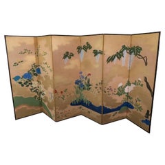 Paravent japonais de la période Meiji à 6 panneaux avec fleurs laquées bleues, vers 1900
