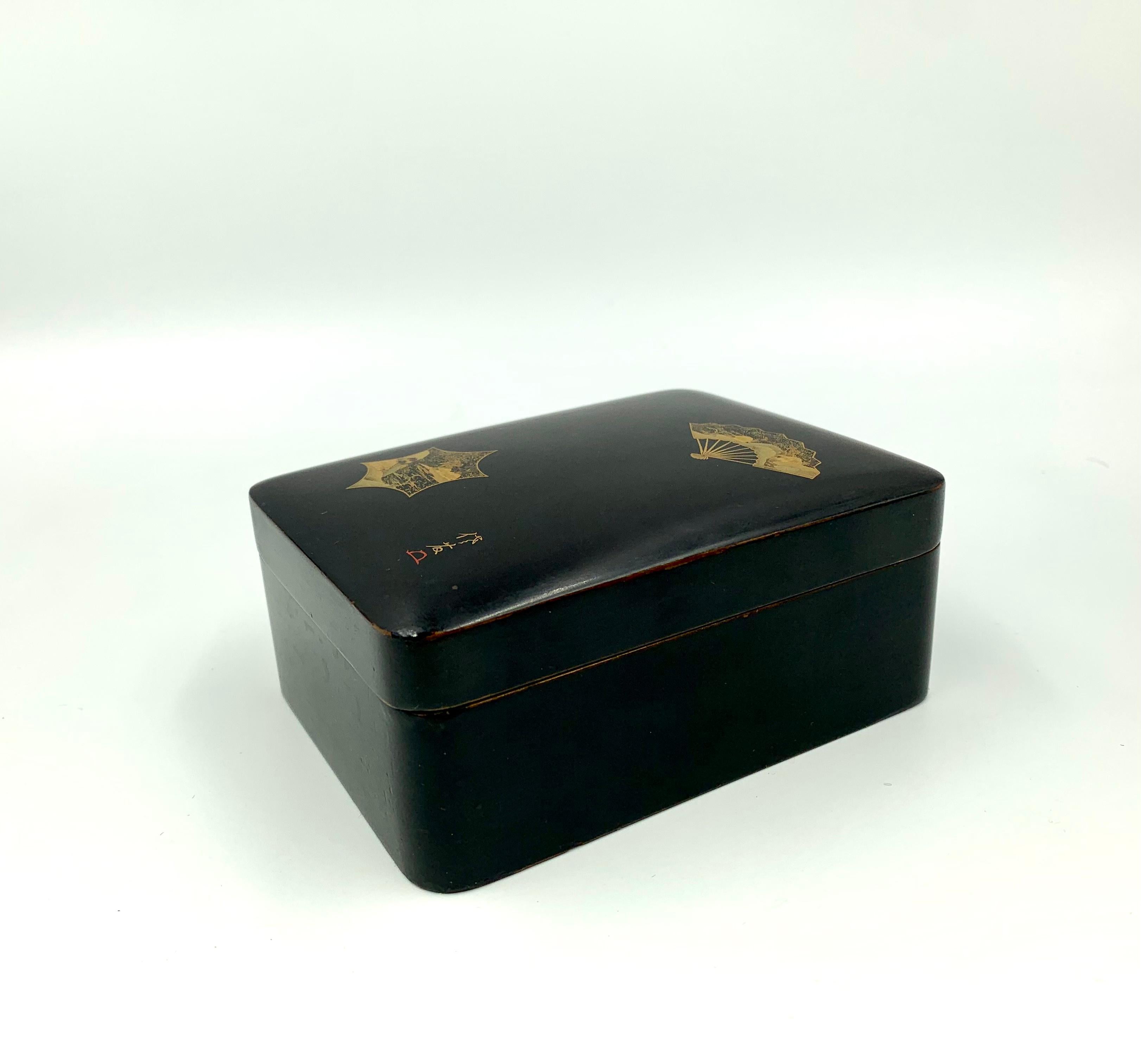 19th Century Japanese Meiji Period Antique Lacquer Box with Gold Maki-e Decoration For Sale