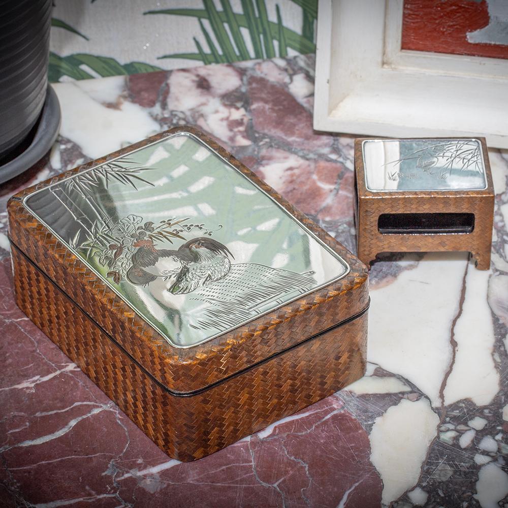 Scatola per sigari in bambù e argento del periodo Meiji giapponese con porta fiammiferi in vendita 13