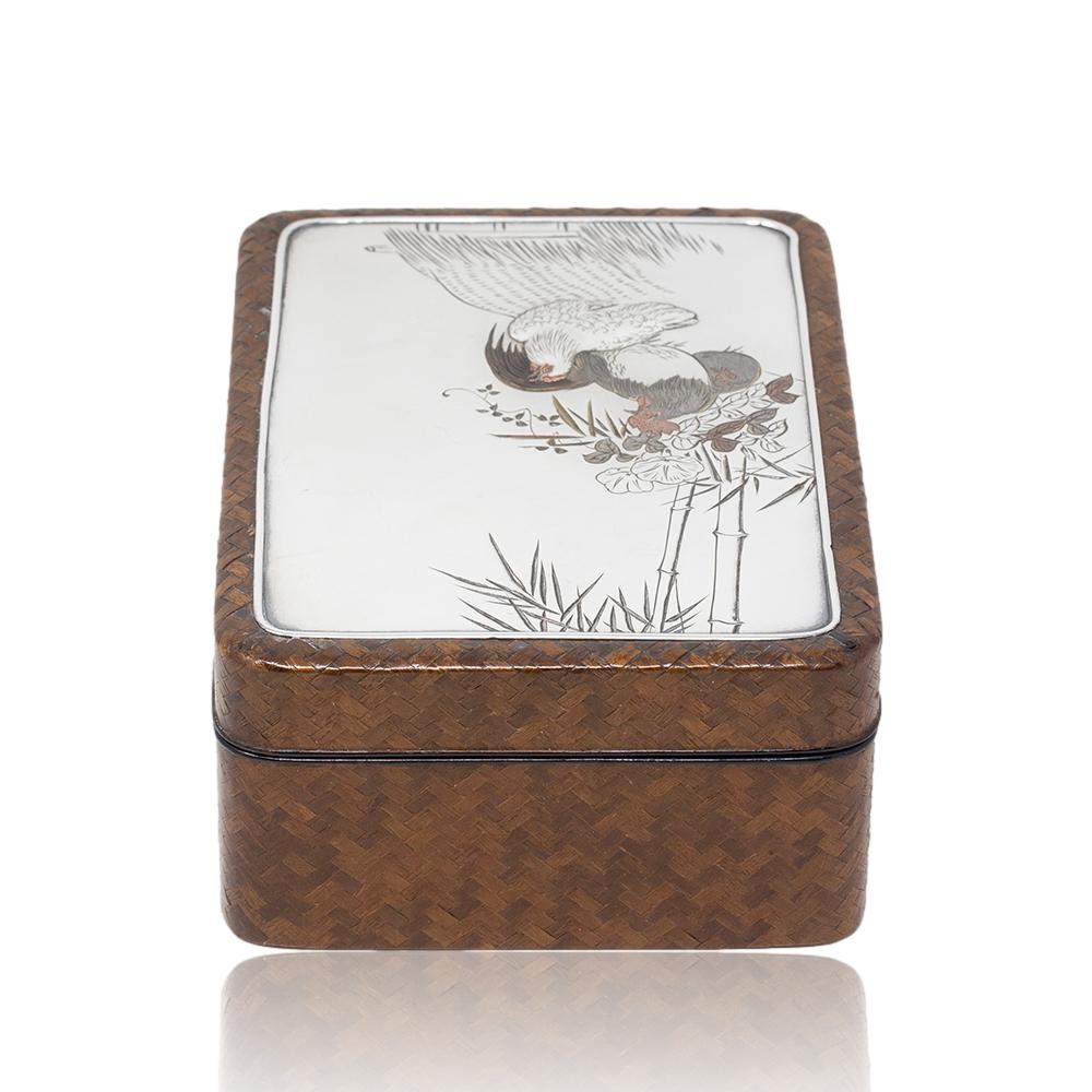 Scatola per sigari in bambù e argento del periodo Meiji giapponese con porta fiammiferi In condizioni buone in vendita a Newark, England