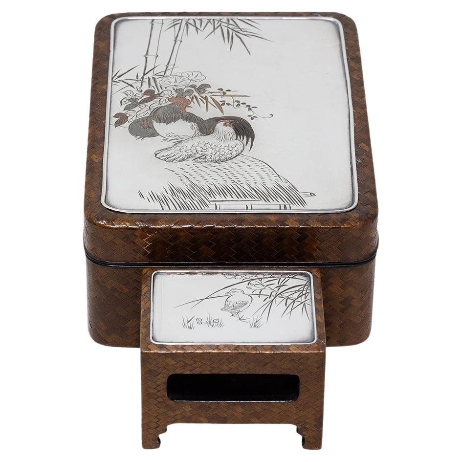Scatola per sigari in bambù e argento del periodo Meiji giapponese con porta fiammiferi in vendita