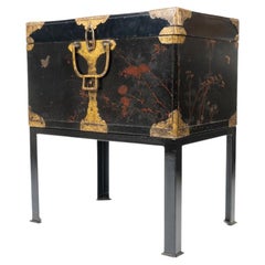 Japanese Meiji Period Black Lacquered Trunk on Stand