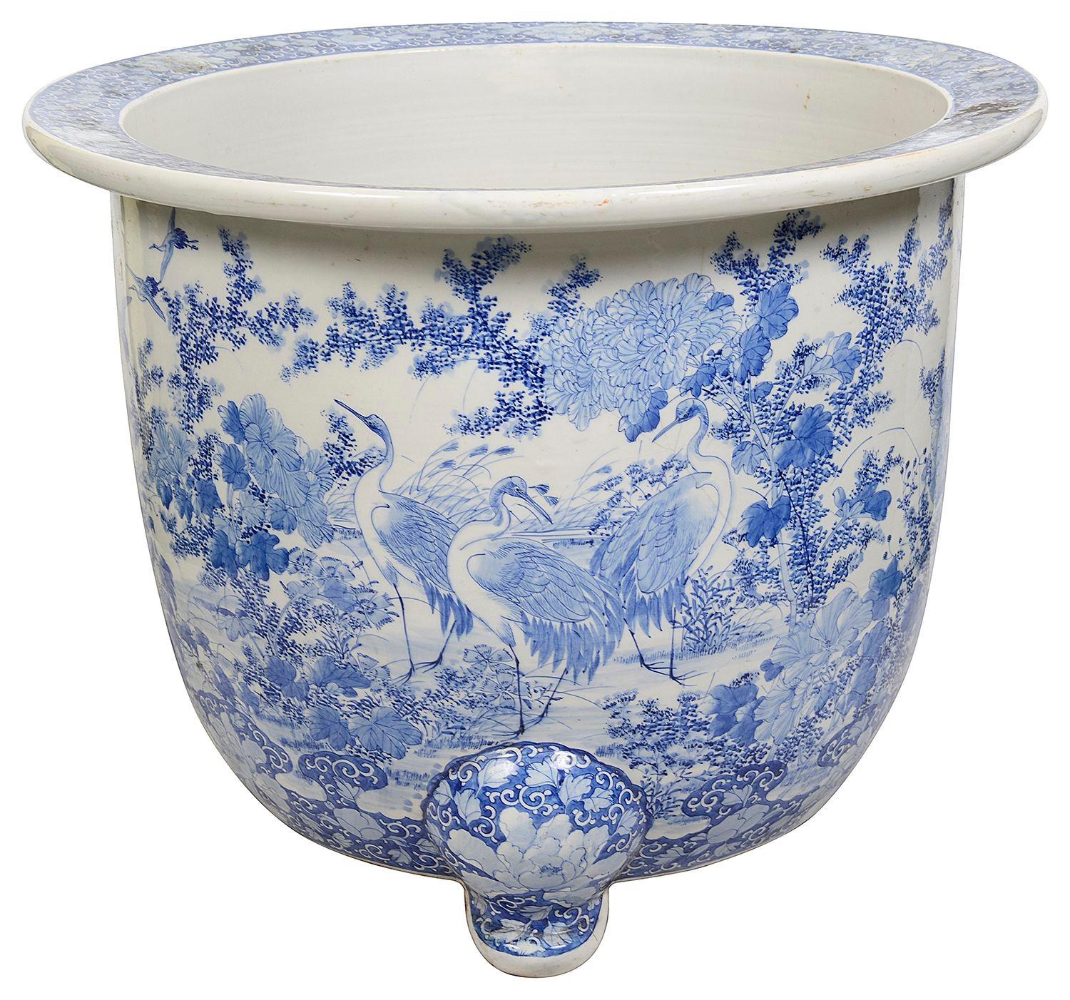 Hand-Painted Japanese Meiji period Blue and White Jardiniere.