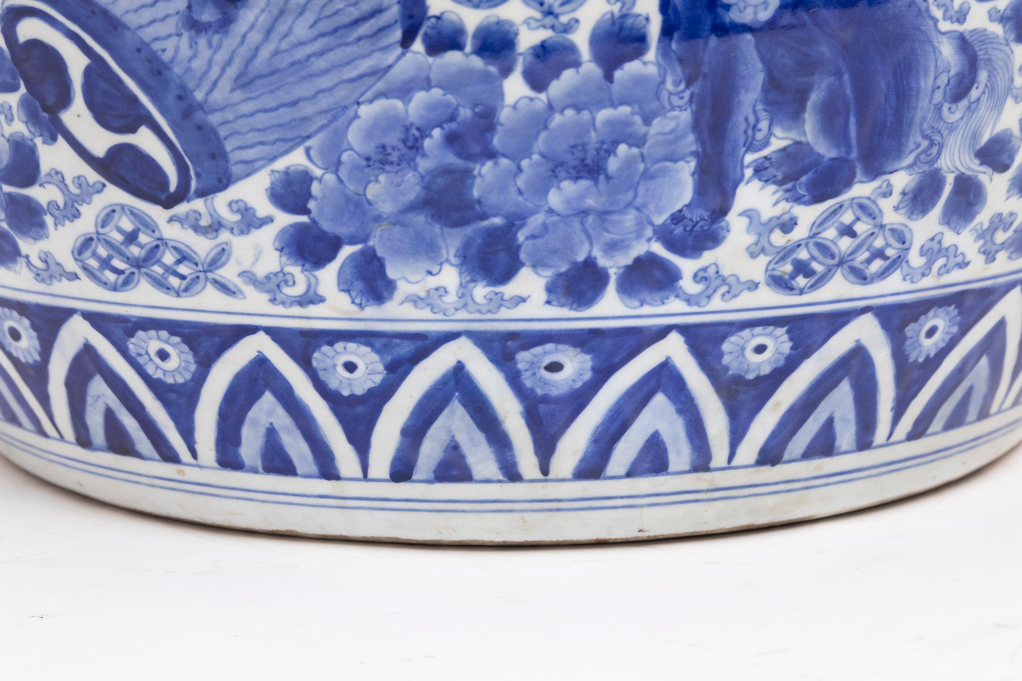 Japanese Meiji Period Blue & White Jardiniere with Shishi Dogs & Barrels: 1880 For Sale 7