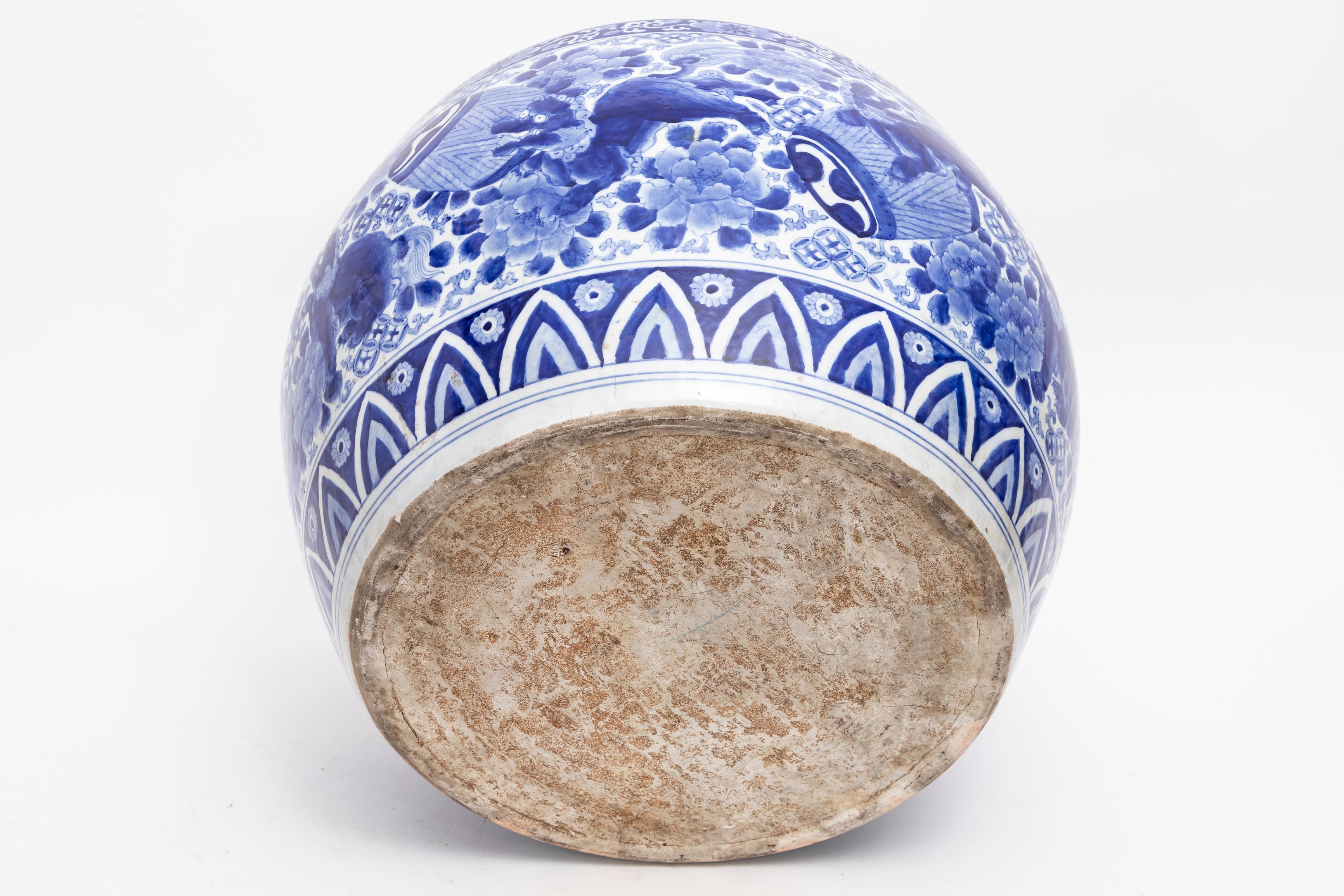 Japanese Meiji Period Blue & White Jardiniere with Shishi Dogs & Barrels: 1880 For Sale 9