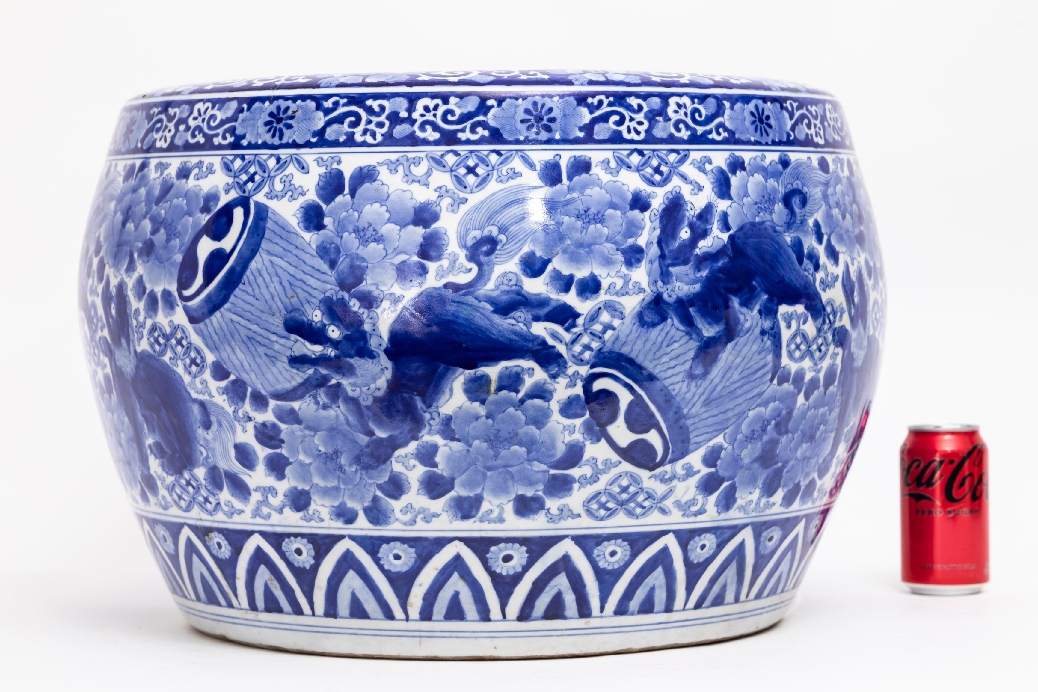Hand-Crafted Japanese Meiji Period Blue & White Jardiniere with Shishi Dogs & Barrels: 1880 For Sale