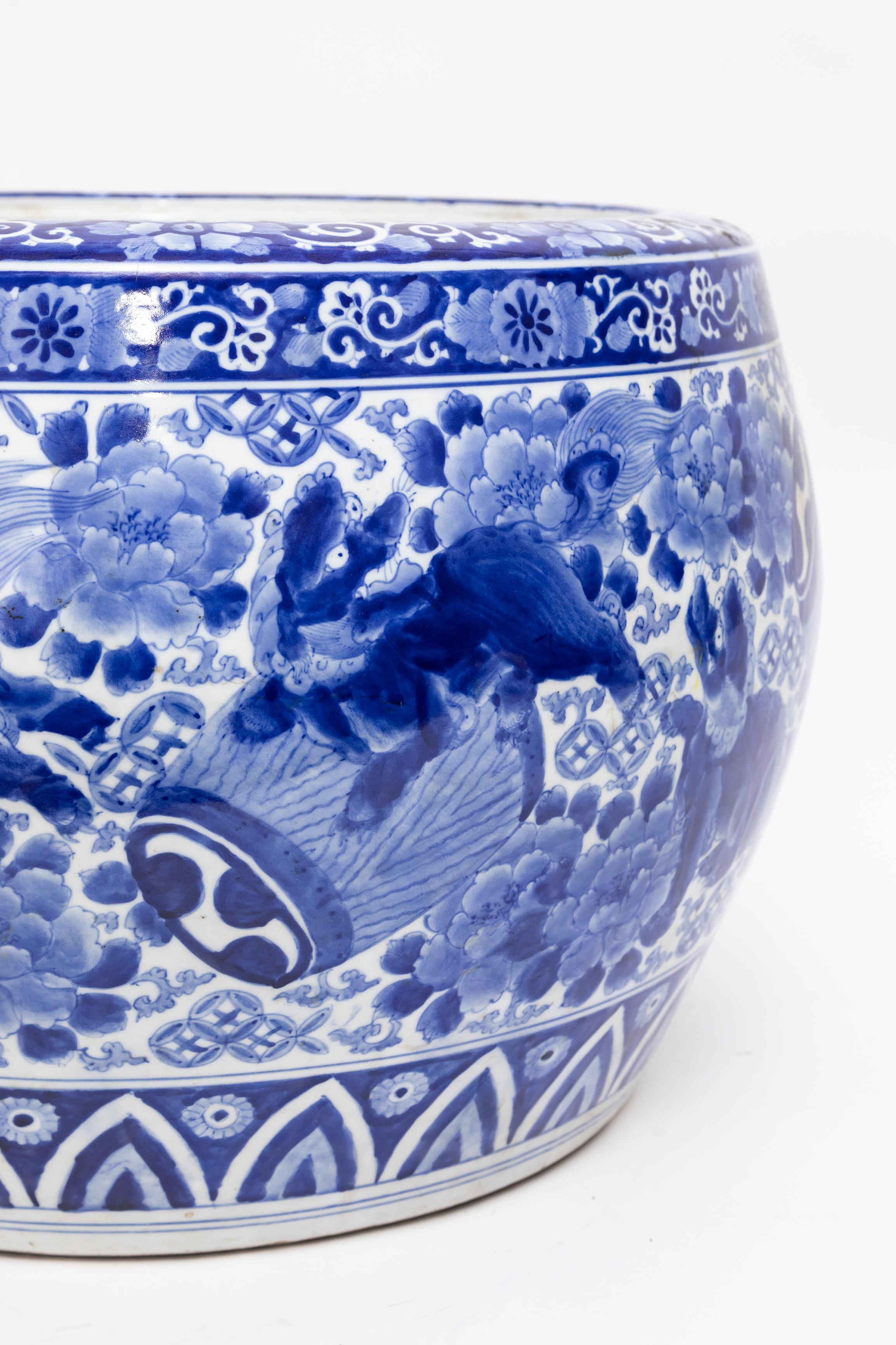 19th Century Japanese Meiji Period Blue & White Jardiniere with Shishi Dogs & Barrels: 1880 For Sale