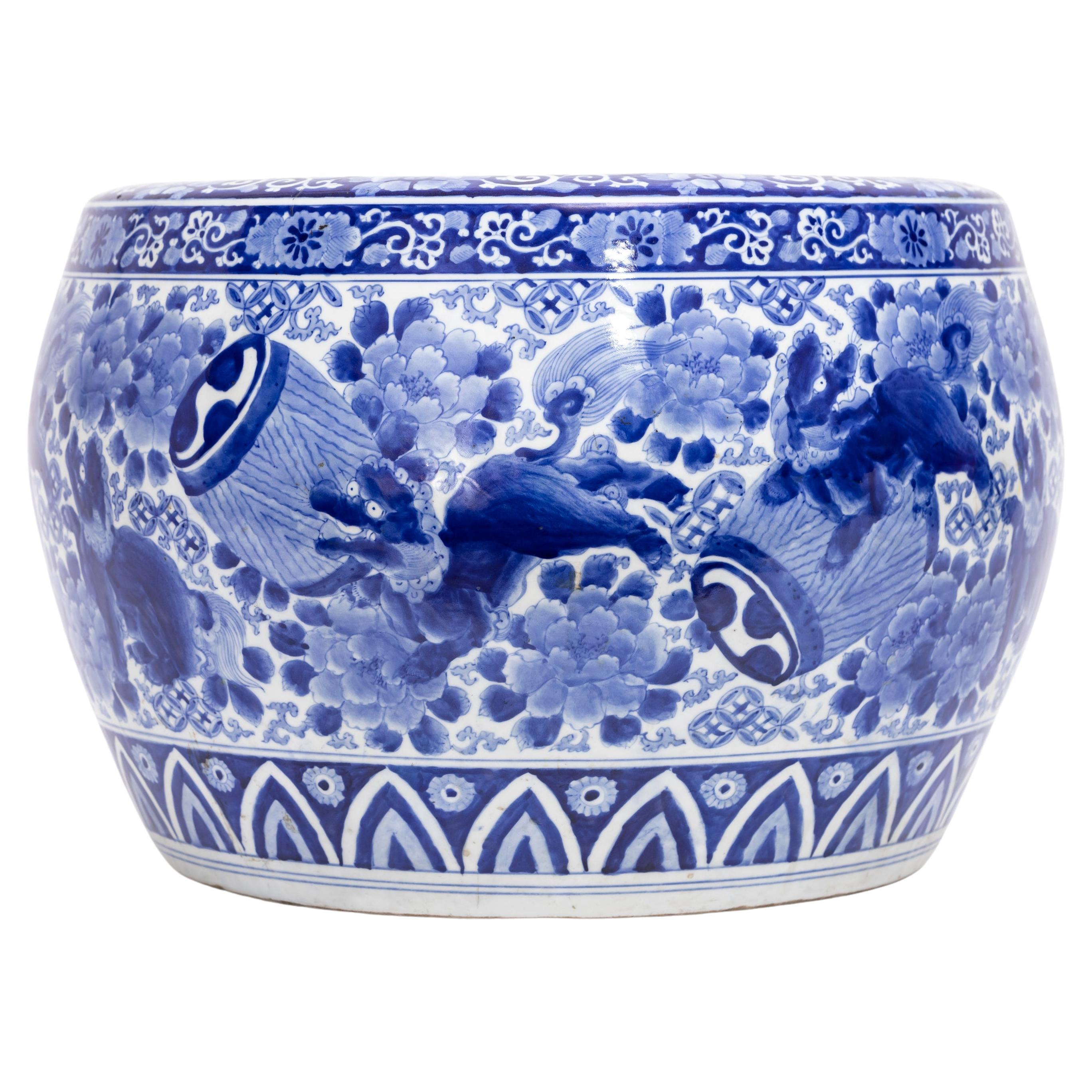 Japanese Meiji Period Blue & White Jardiniere with Shishi Dogs & Barrels: 1880