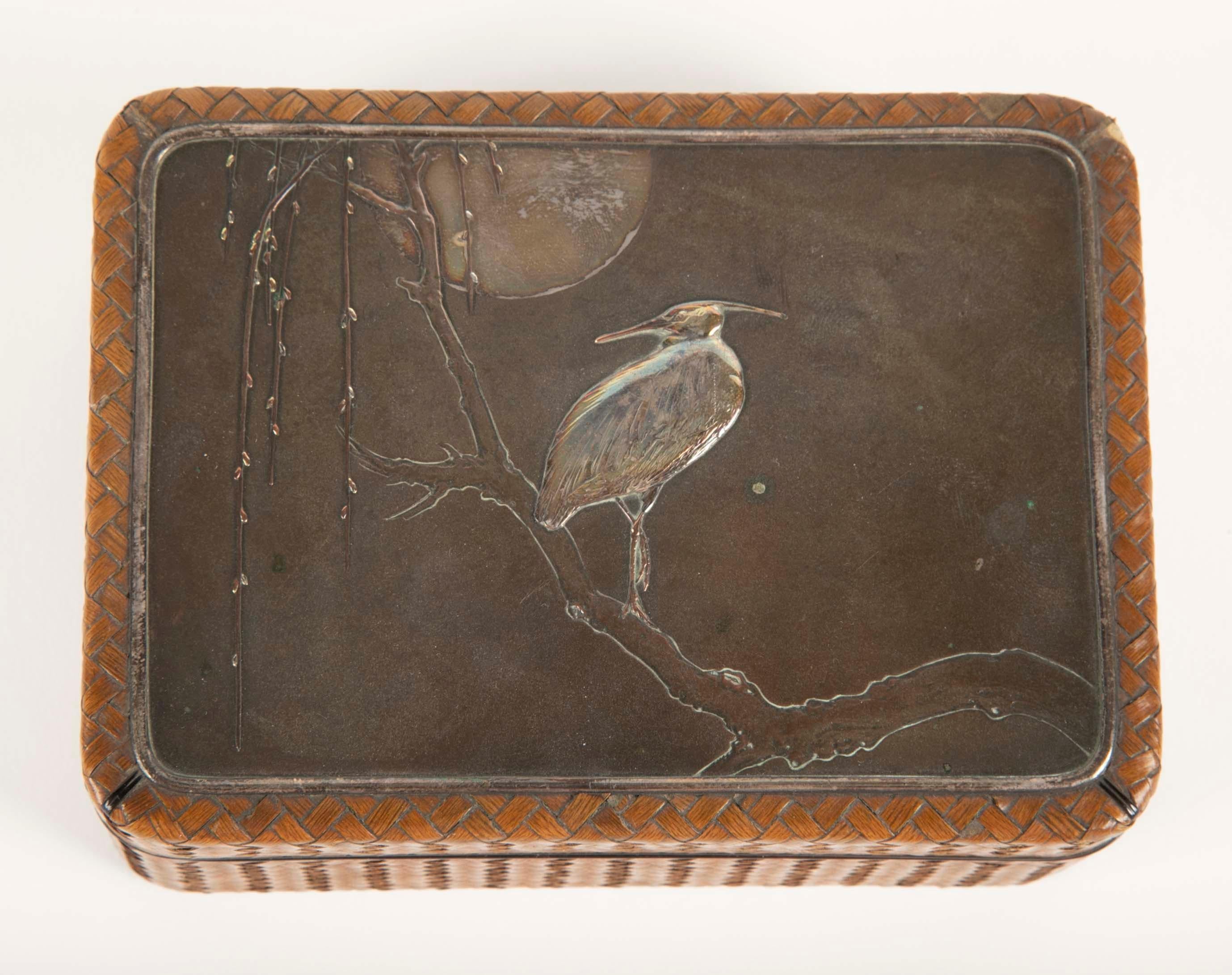 Japanese Meiji Period Box of Woven Cane, Lacquer, Silver & Copper 6