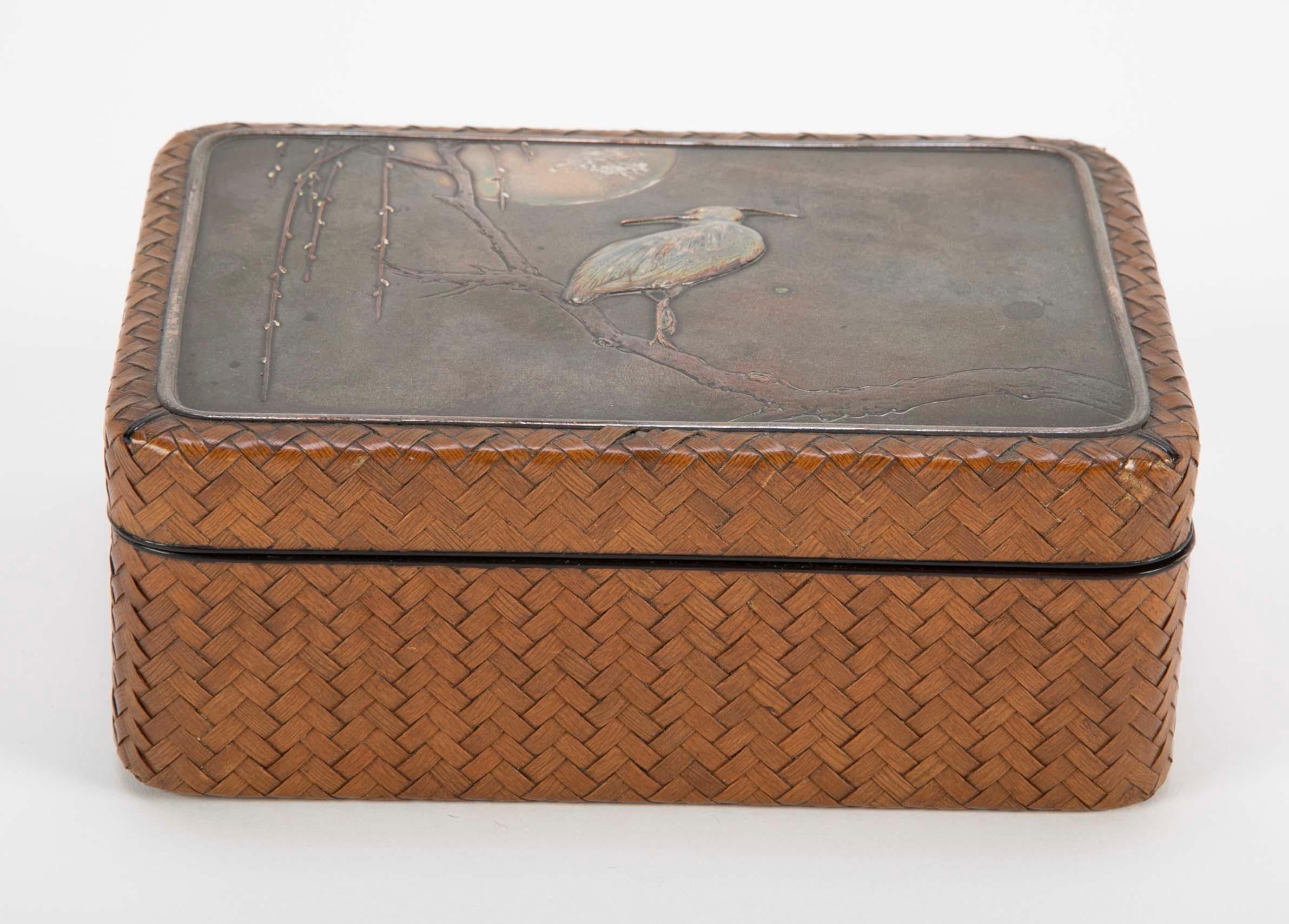 Japanese Meiji Period Box of Woven Cane, Lacquer, Silver & Copper In Good Condition In Stamford, CT