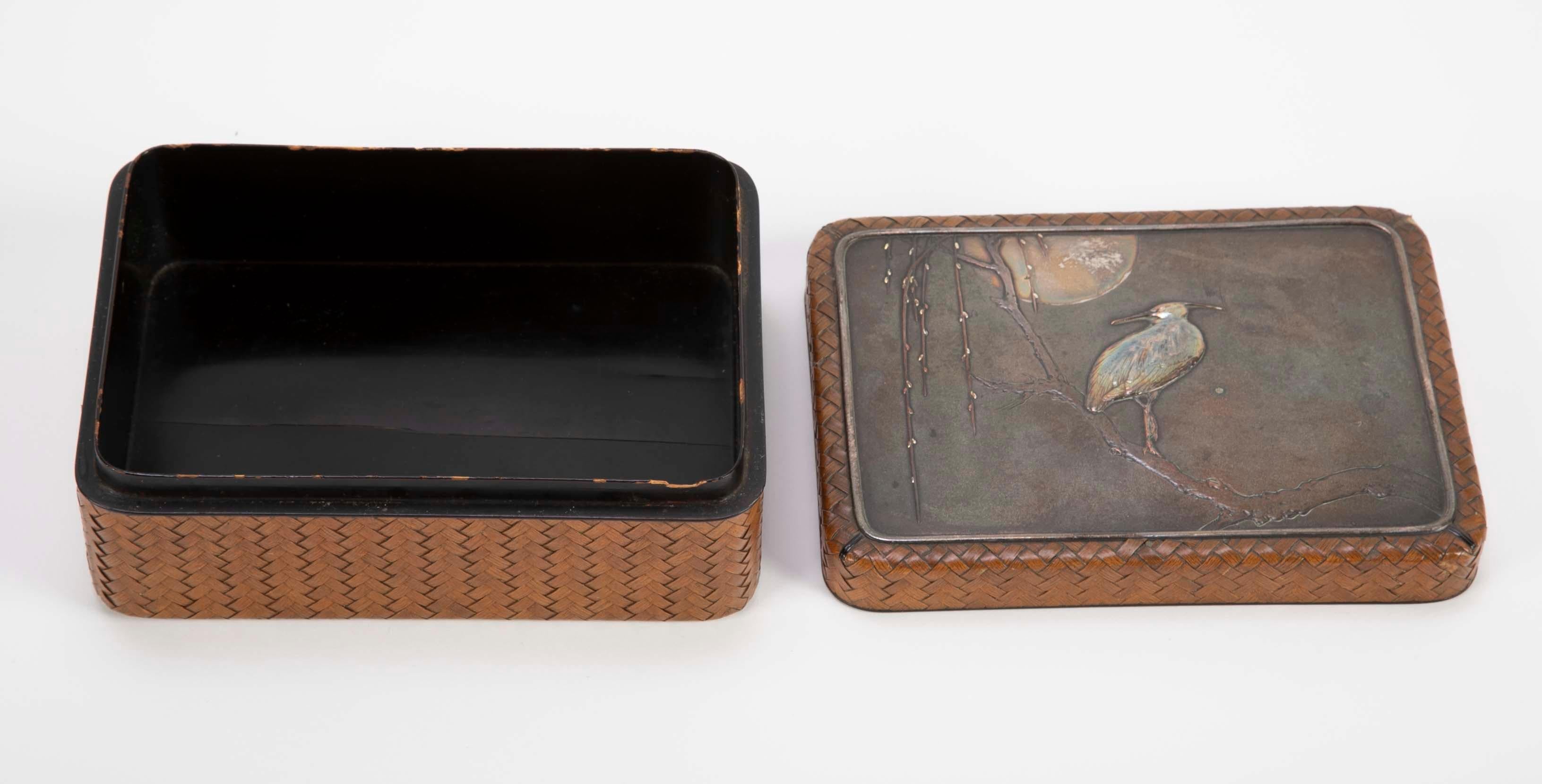 19th Century Japanese Meiji Period Box of Woven Cane, Lacquer, Silver & Copper