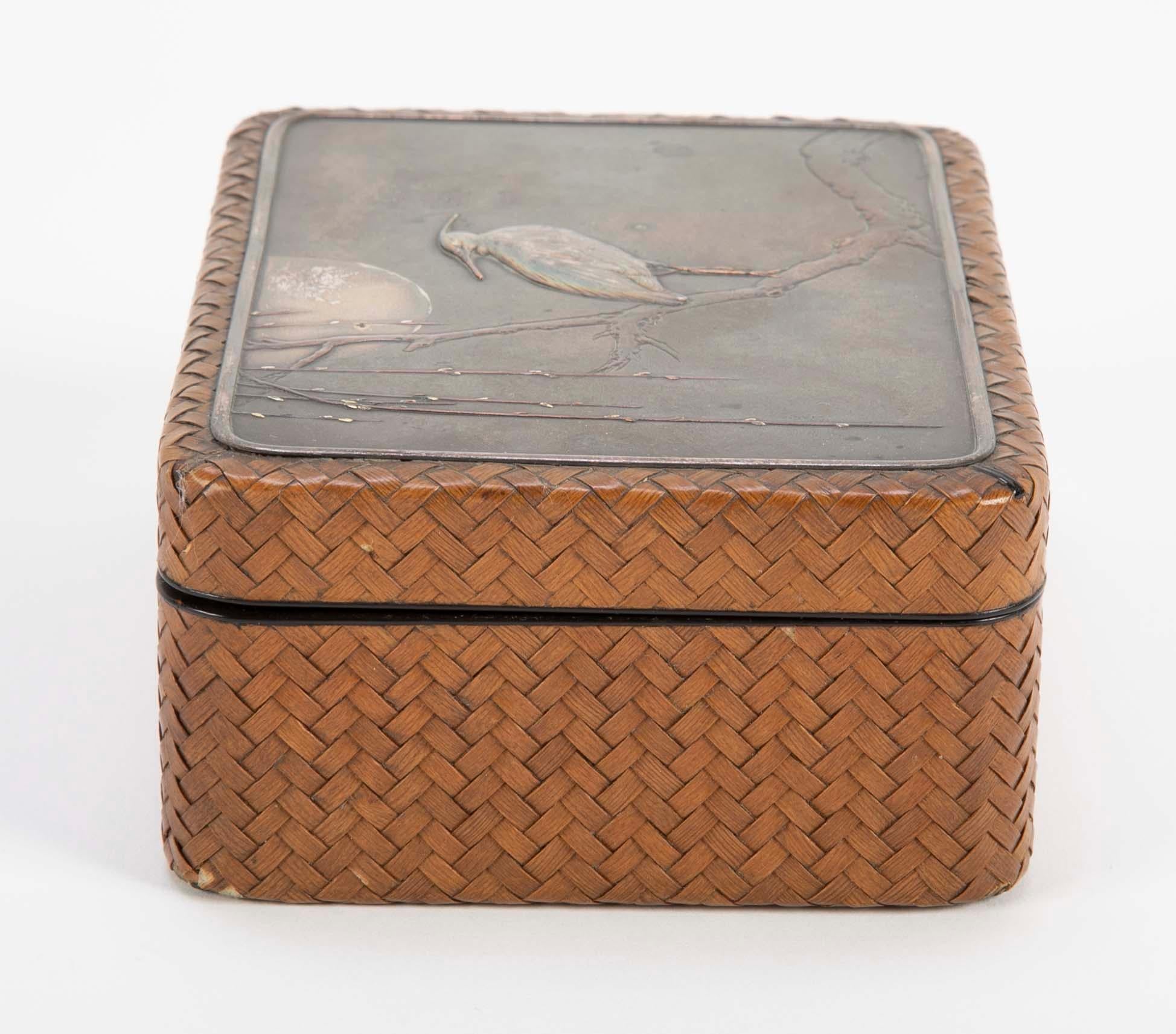 Japanese Meiji Period Box of Woven Cane, Lacquer, Silver & Copper 1
