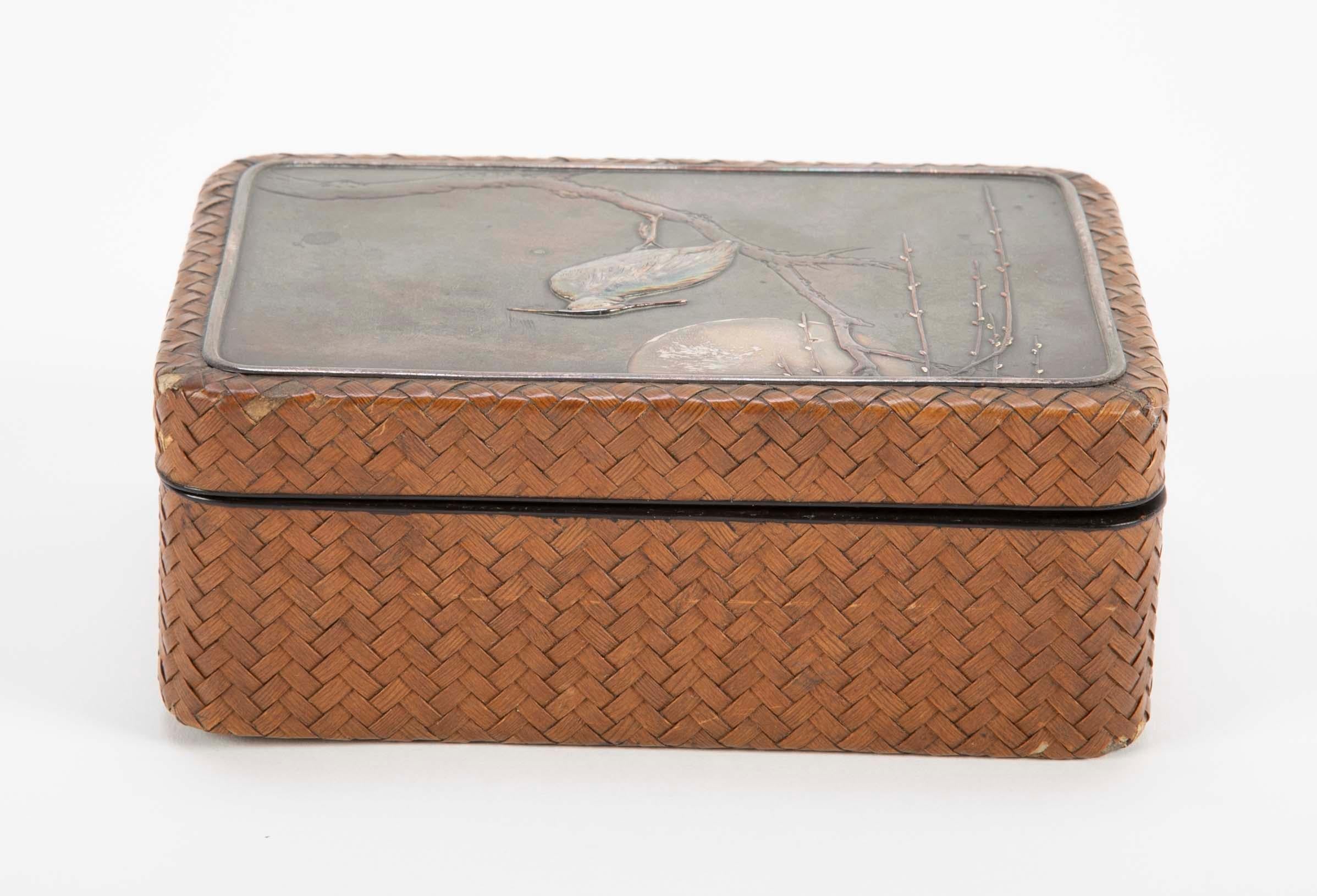 Japanese Meiji Period Box of Woven Cane, Lacquer, Silver & Copper 2
