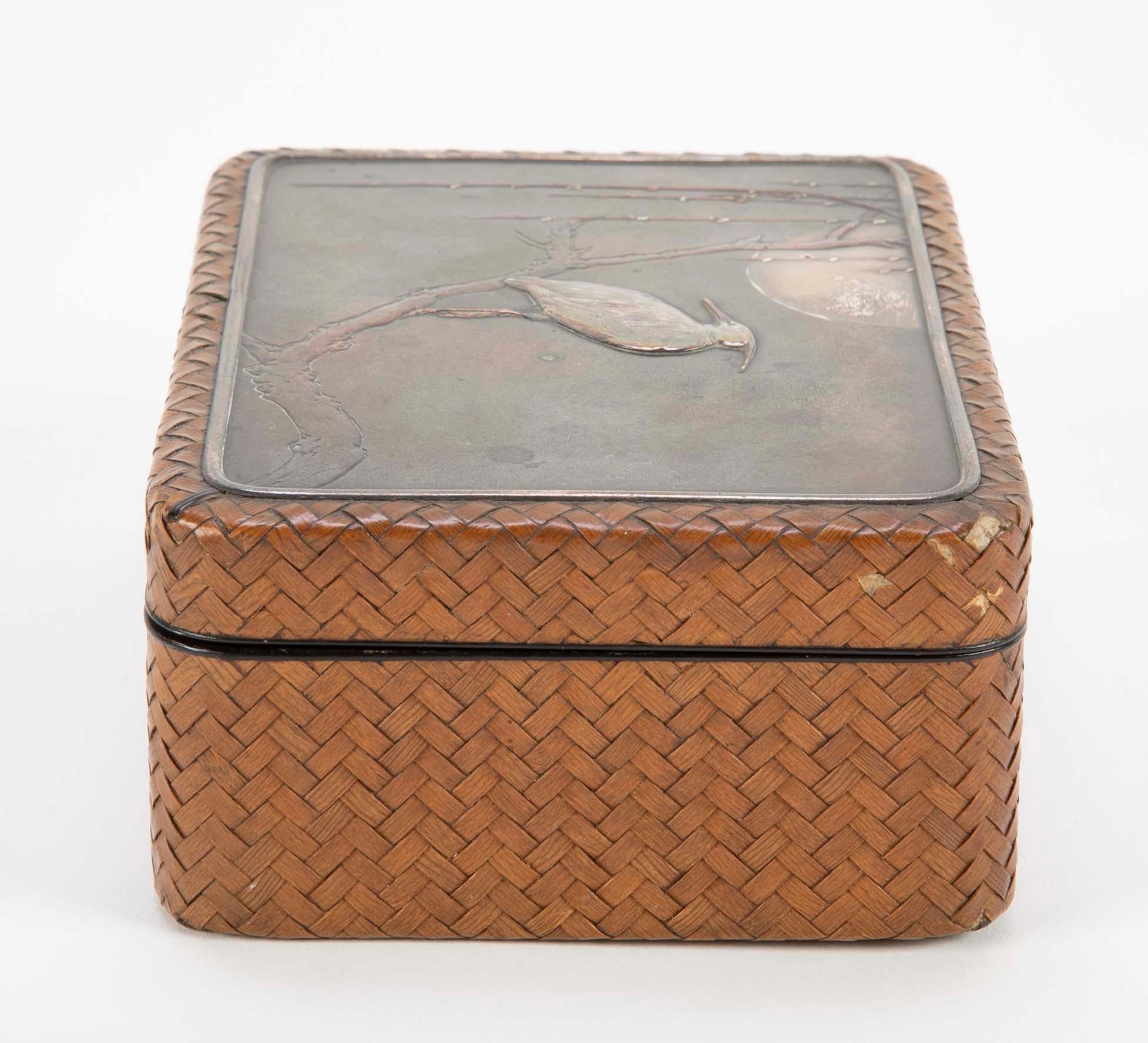 Japanese Meiji Period Box of Woven Cane, Lacquer, Silver & Copper 3