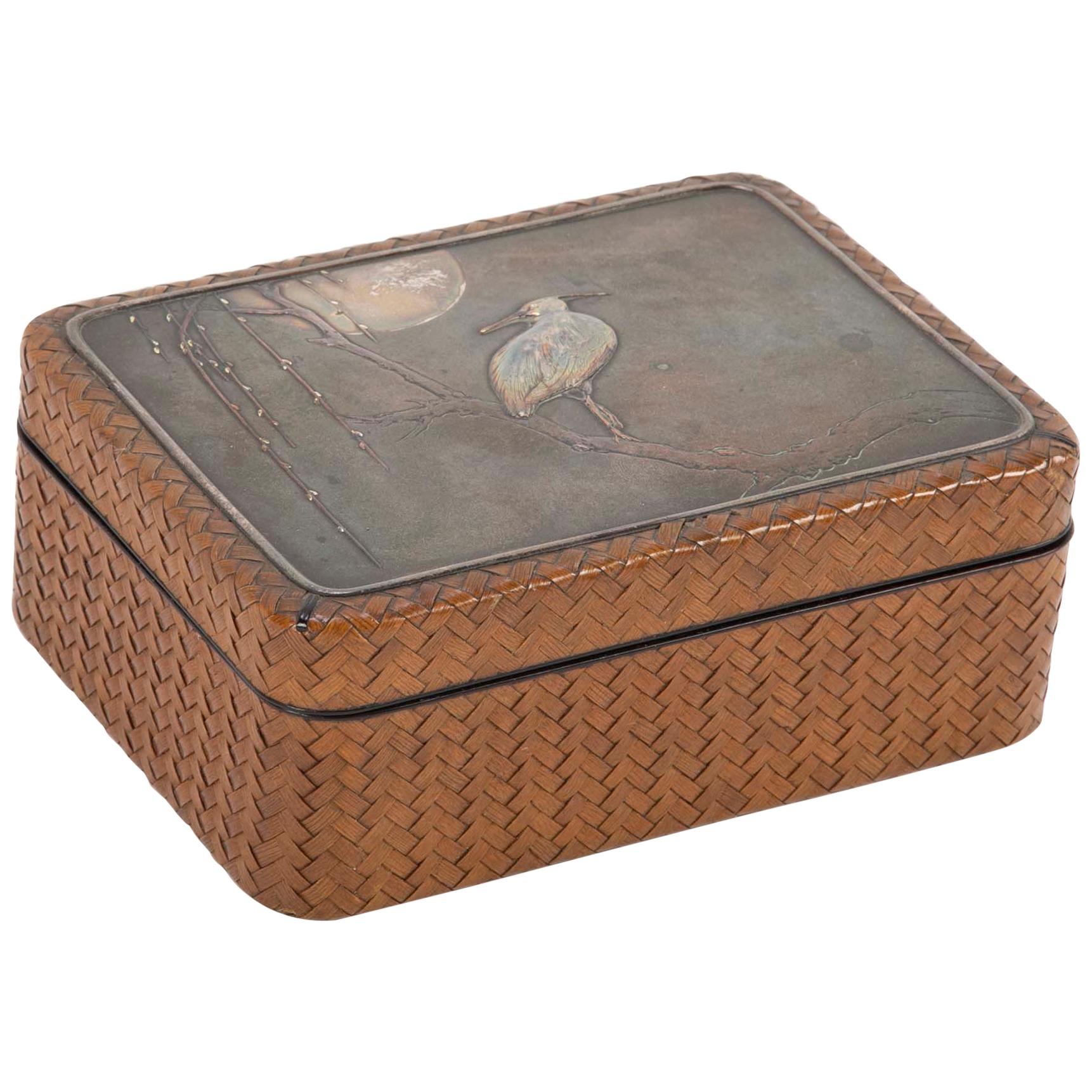 Japanese Meiji Period Box of Woven Cane, Lacquer, Silver 
Copper