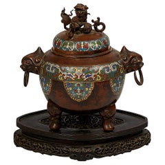 Used Japanese Meiji Period Bronze and Champlevé Enameled Censer