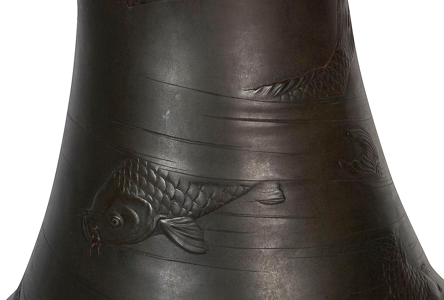 Patinated Japanese Meiji period Bronze Carp vase. For Sale