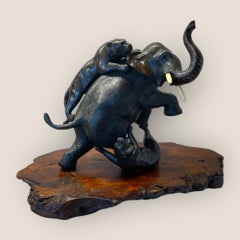 Japanese Meiji Animal Bronze Sculpture Elephant & Tigers by Genryusai Seiya