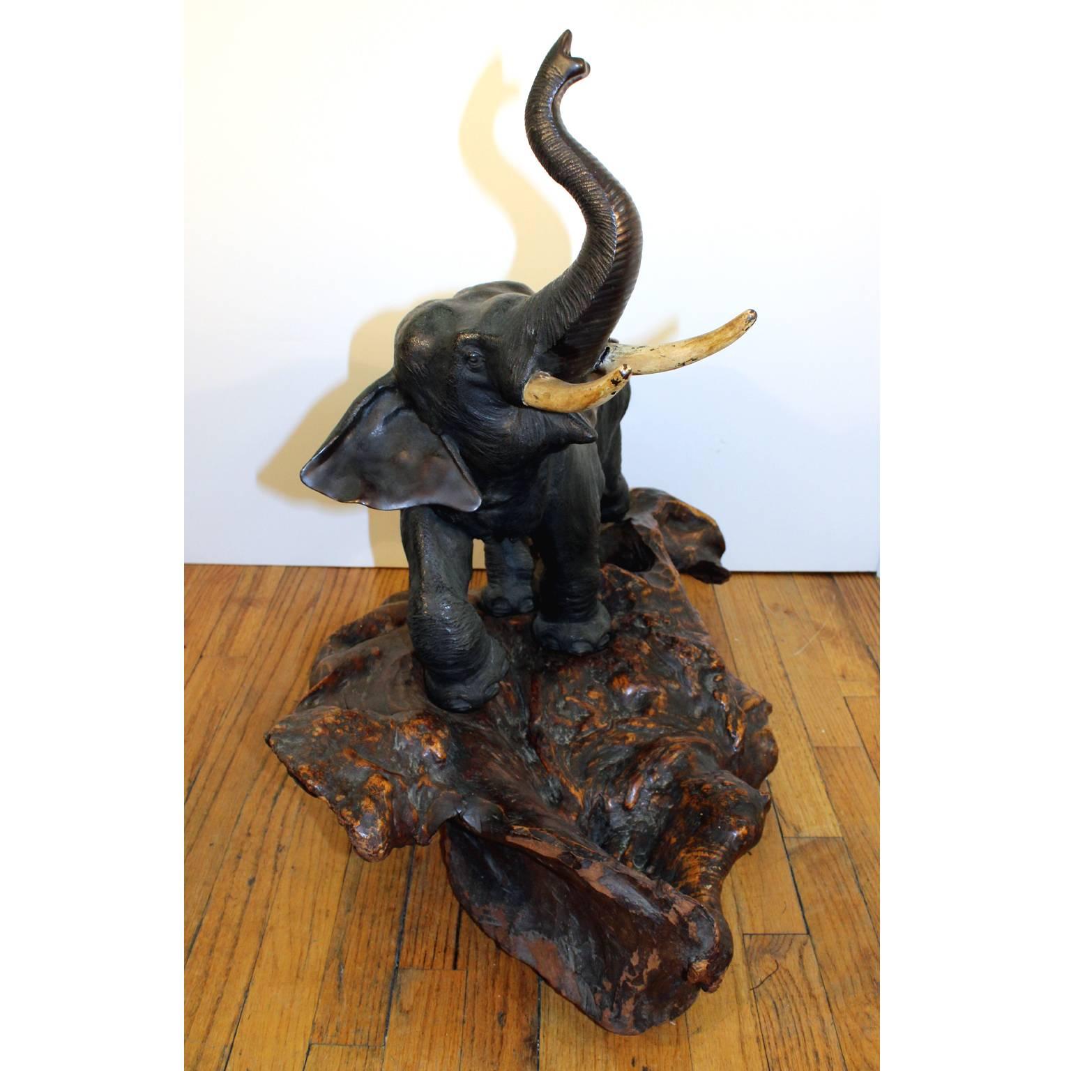 Japanese Meiji Period Bronze Elephant Sculpture on Burlwood Base In Good Condition For Sale In New York, NY