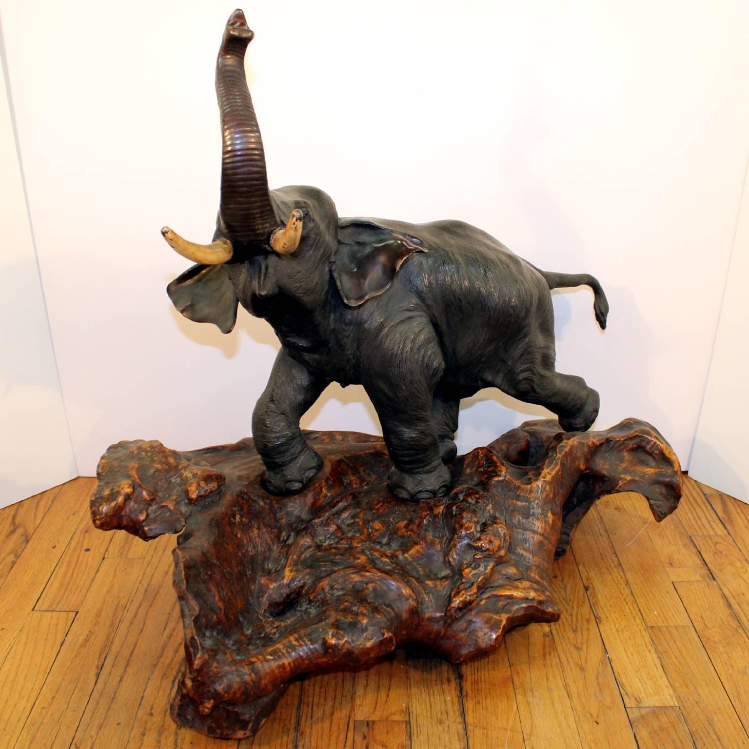 Late 19th Century Japanese Meiji Period Bronze Elephant Sculpture on Burlwood Base For Sale