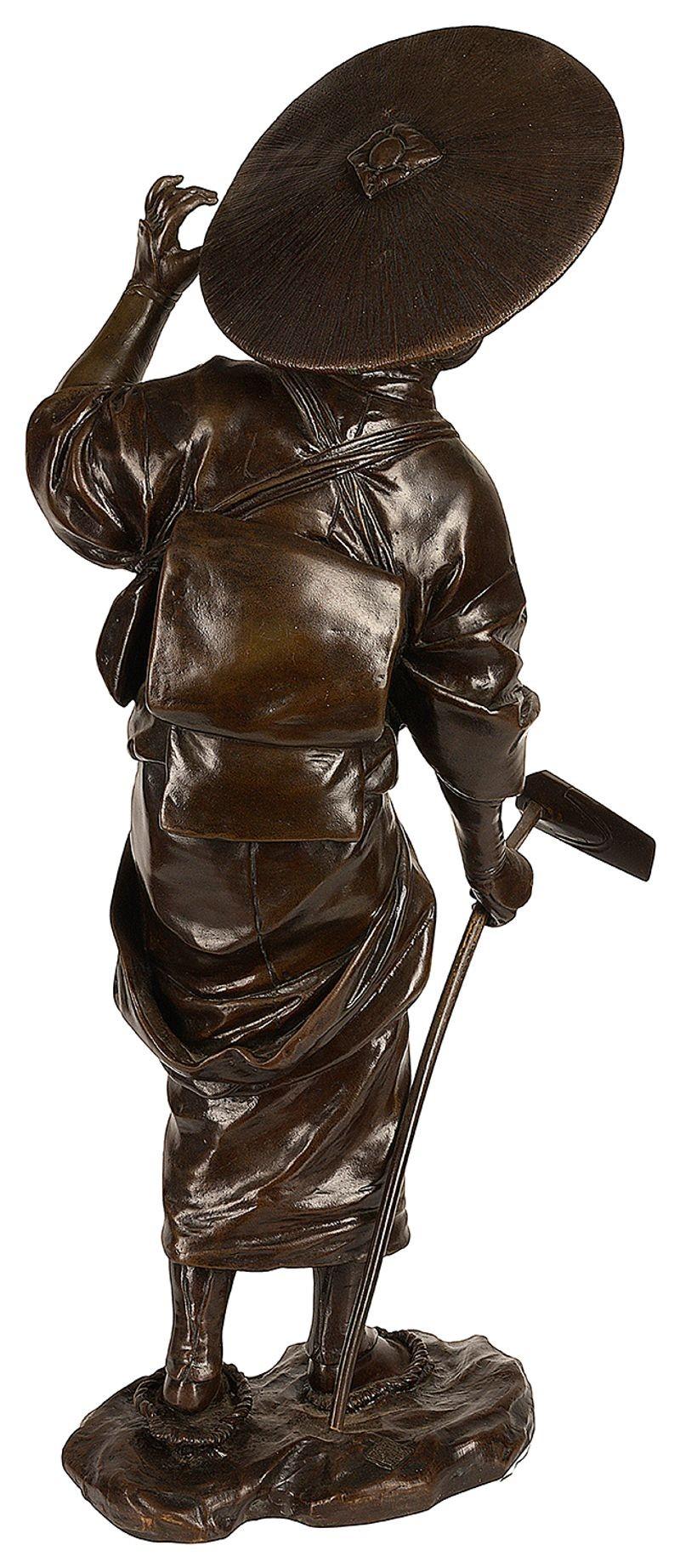 Patinated Japanese Meiji Period Bronze Farm Girl, 1890 For Sale