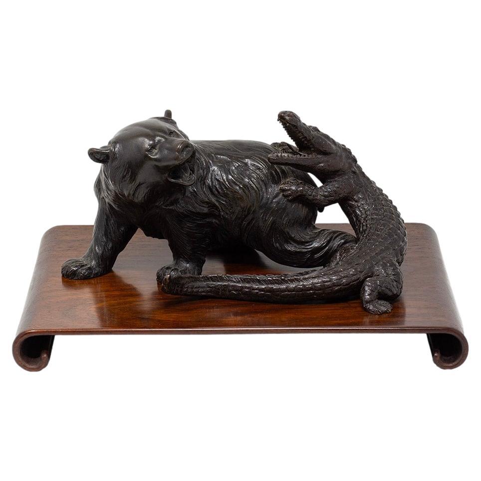 Japanese Meiji Period Bronze Group Bear & Alligator by Yoshimitsu