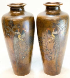 Japanese Meiji Period Bronze Mixed Metal Inlay Rooster Vases