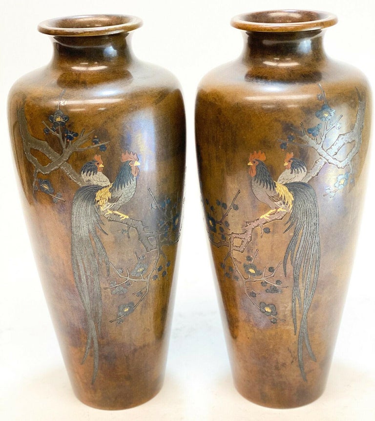 Rooster Inlay Japanese Meiji Period Bronze Mixed Metal Inlay Rooster Vases For Sale ...