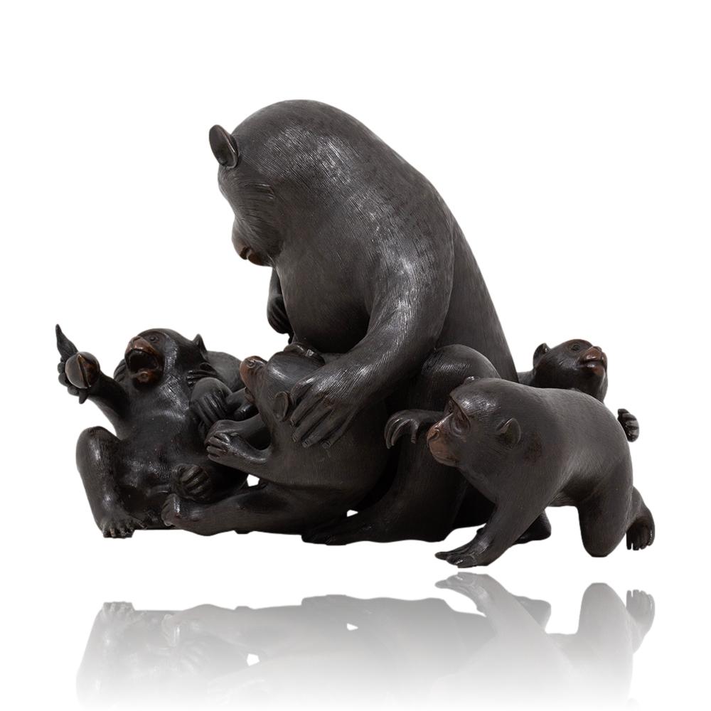 Japanese Meiji Period Bronze Monkey Group Sculpture Okimono Shosai For Sale 6