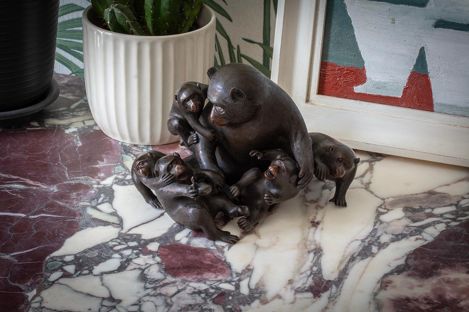 Featuring Seven Japanese Macaques

Form our Japanese collection, we are delighted to offer this Japanese Bronze Monkey Group by Shosai. The Japanese Bronze Group displaying a male father monkey and his infants playing around and being mischievous