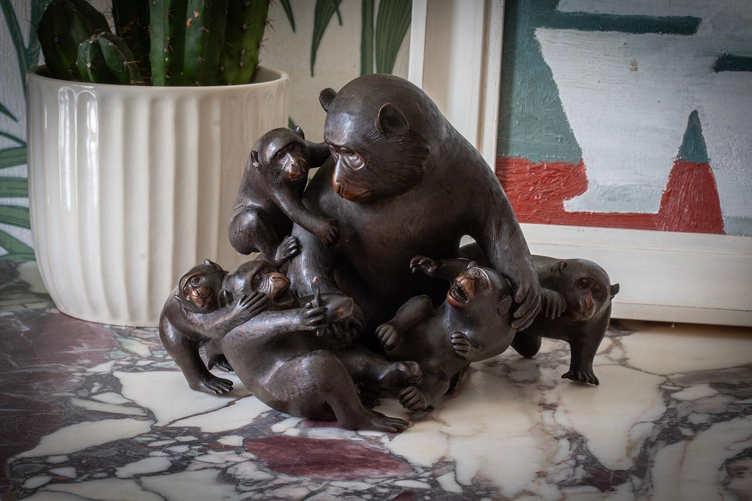 Cast Japanese Meiji Period Bronze Monkey Group Sculpture Okimono Shosai For Sale