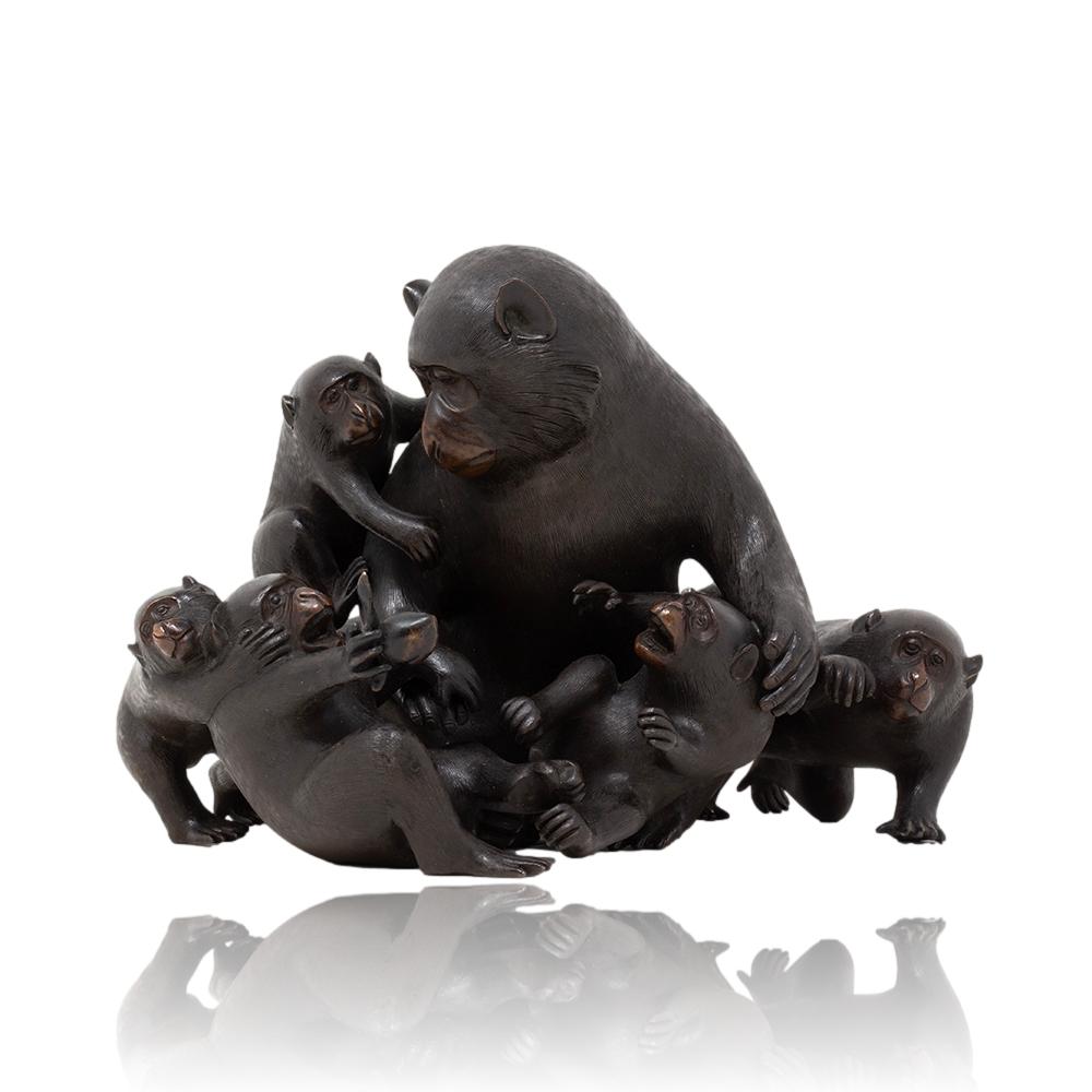19th Century Japanese Meiji Period Bronze Monkey Group Sculpture Okimono Shosai For Sale