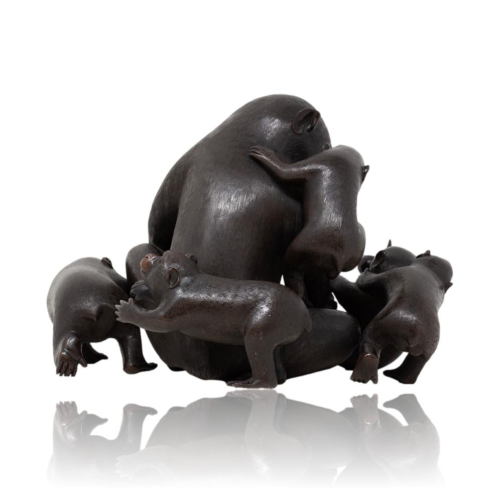 Japanese Meiji Period Bronze Monkey Group Sculpture Okimono Shosai For Sale 3